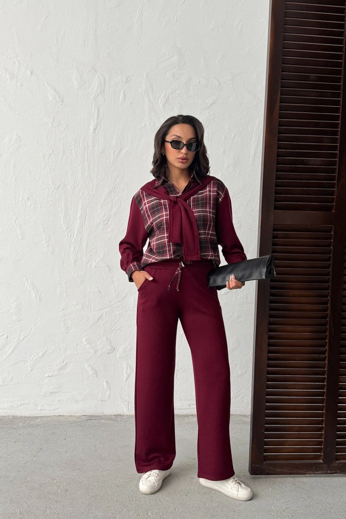 Kadın Bordo Omuzdan Bağlamalı Ekose Gömlek ve Pantolon 2li Takım