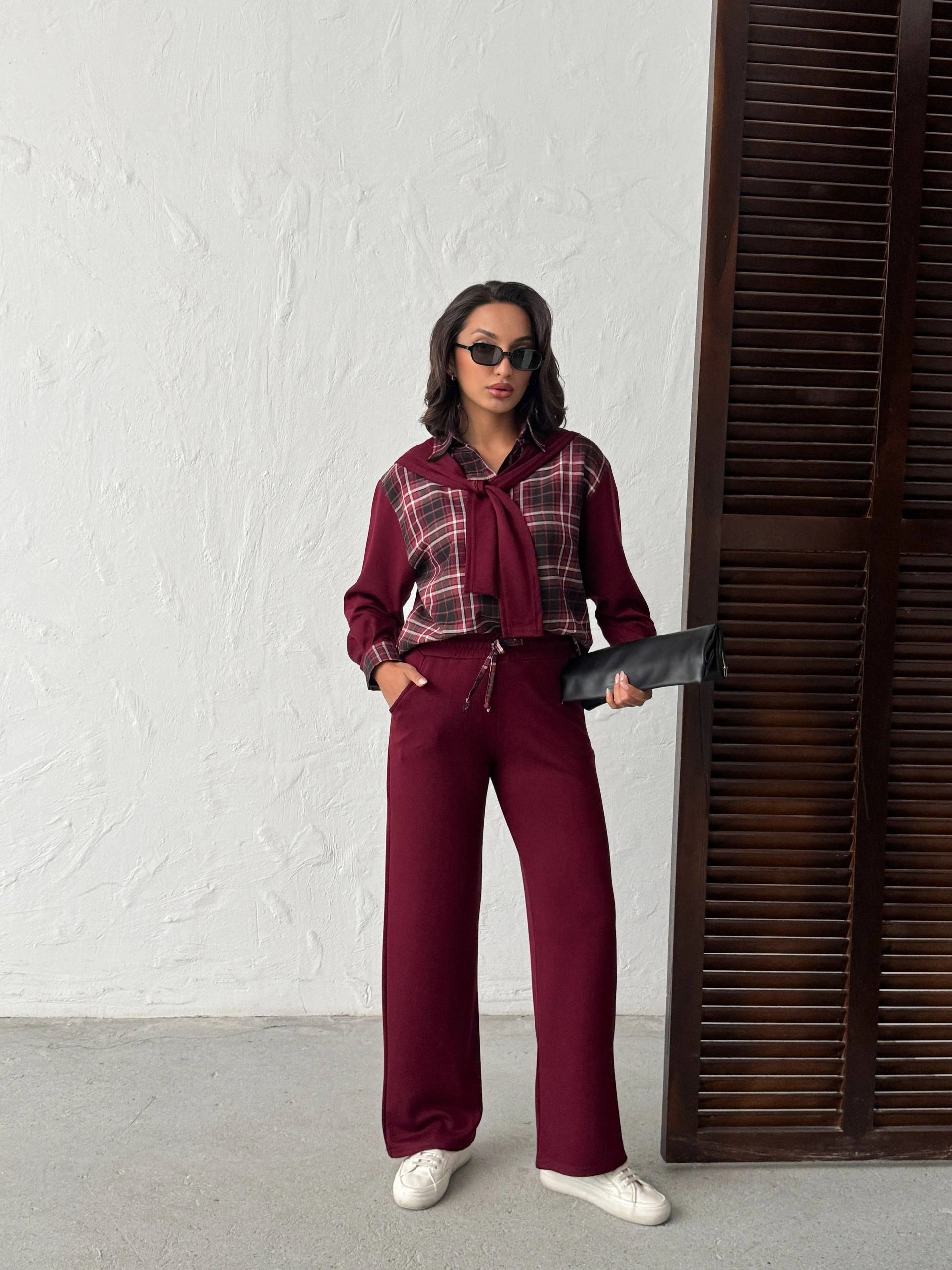 Kadın Bordo Omuzdan Bağlamalı Ekose Gömlek ve Pantolon 2li Takım