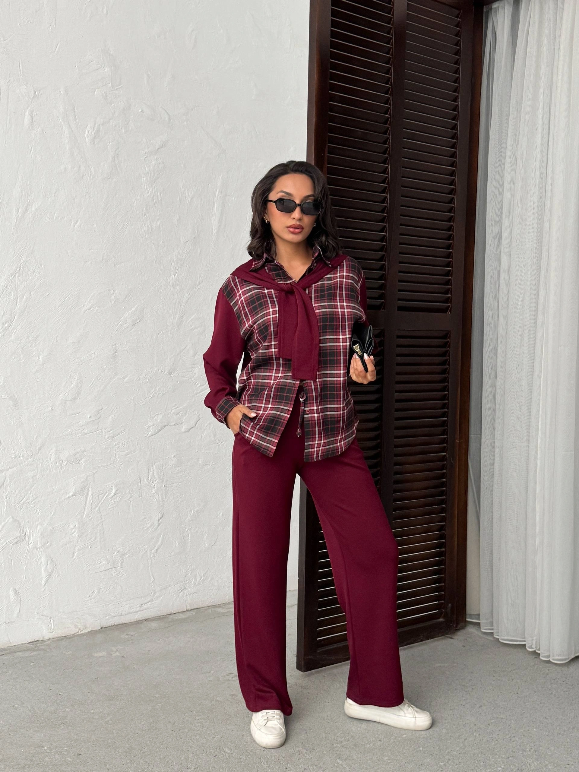 Kadın Bordo Omuzdan Bağlamalı Ekose Gömlek ve Pantolon 2li Takım