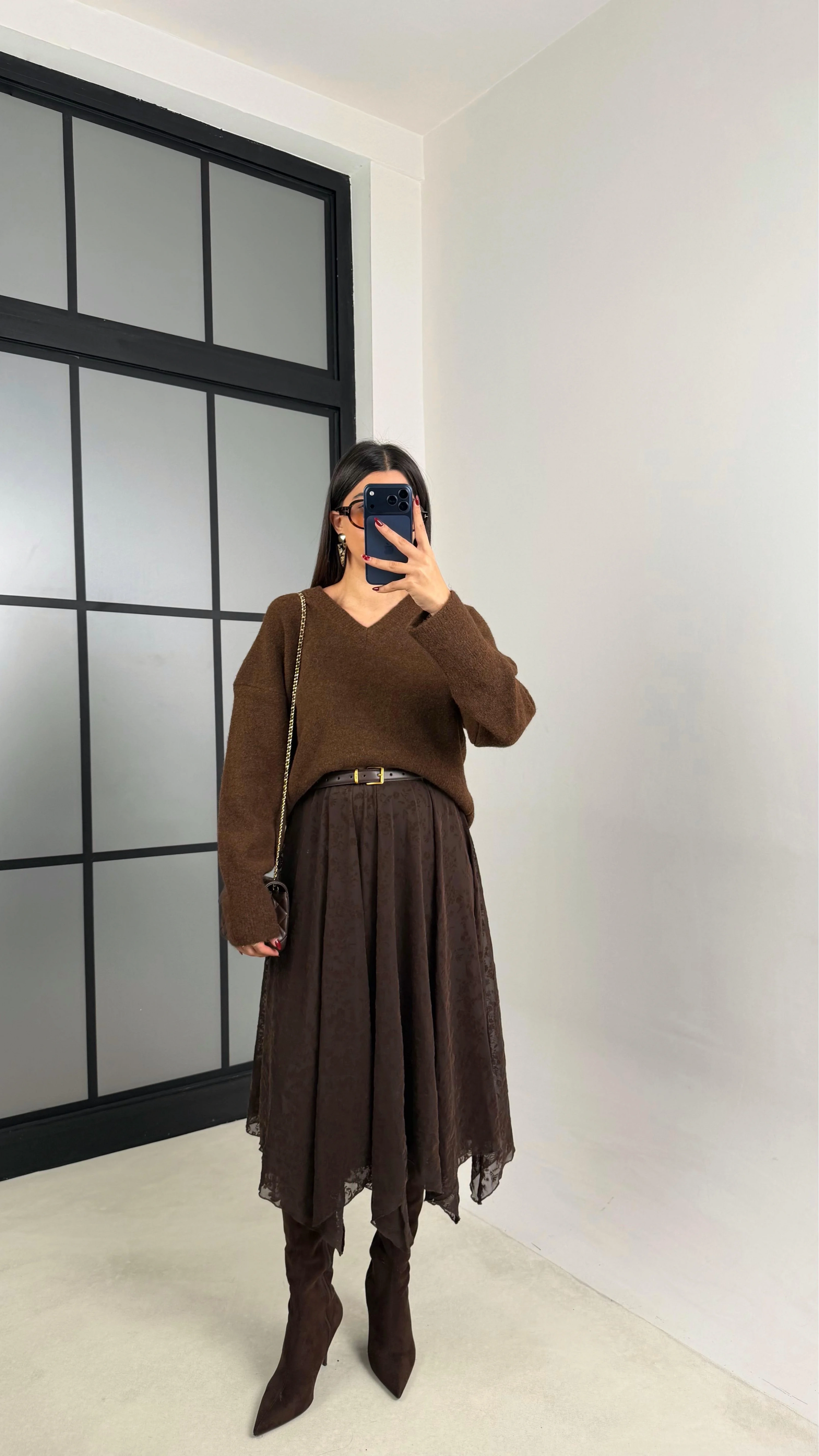 Kadın Acı Kahve Astarlı Asimetrik Kesim Premium Etek