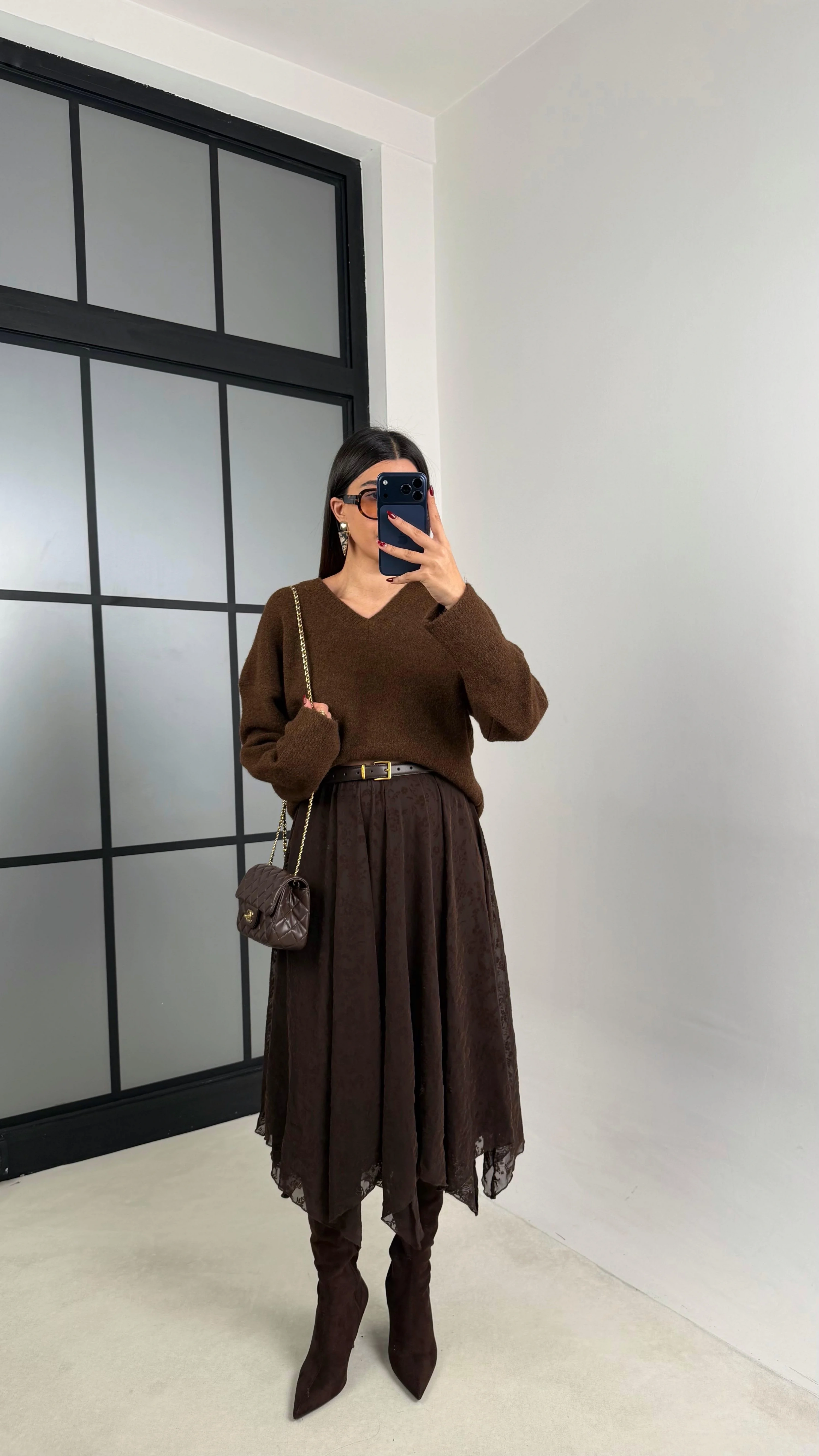 Kadın Acı Kahve Astarlı Asimetrik Kesim Premium Etek