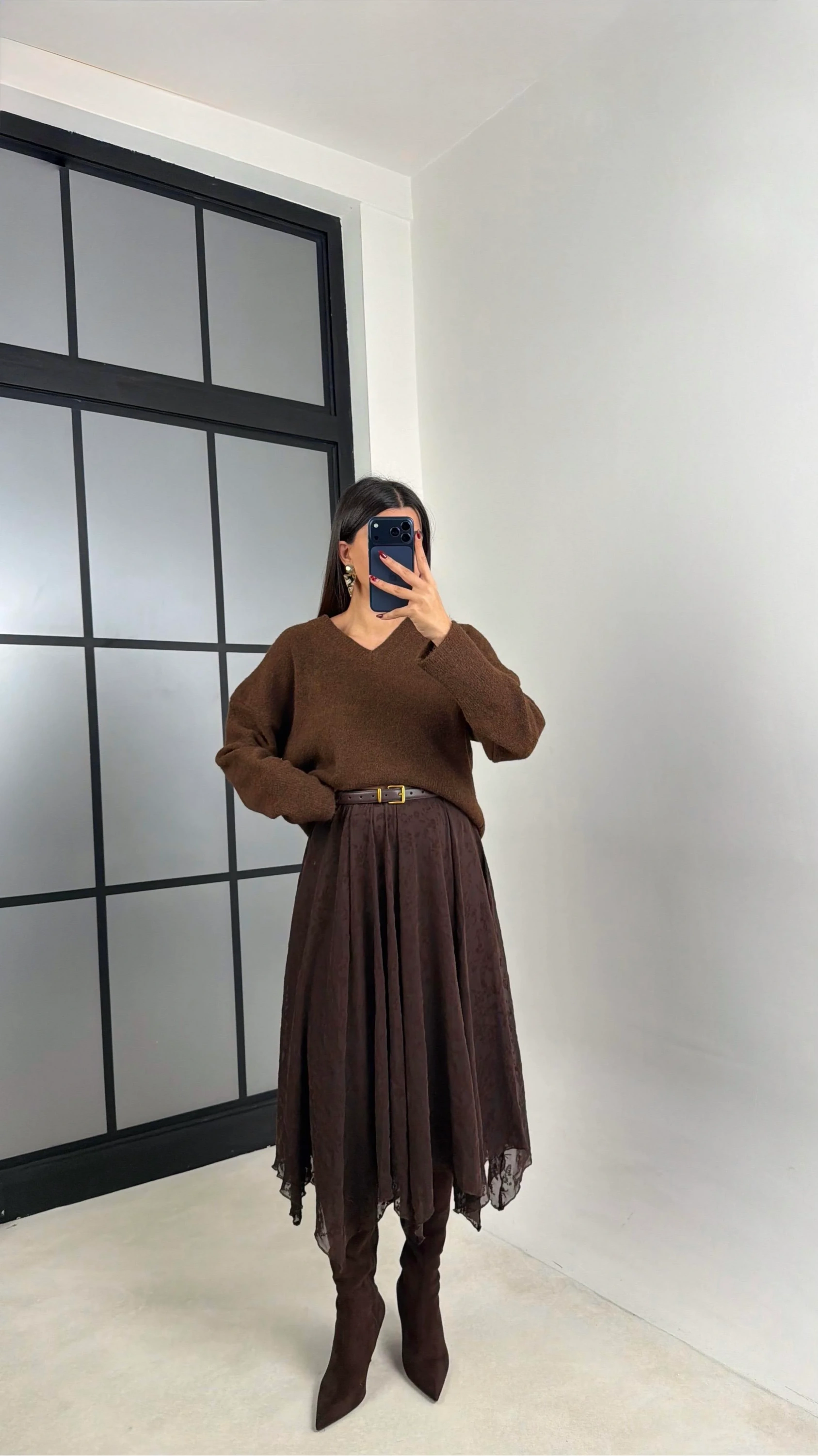 Kadın Acı Kahve Astarlı Asimetrik Kesim Premium Etek