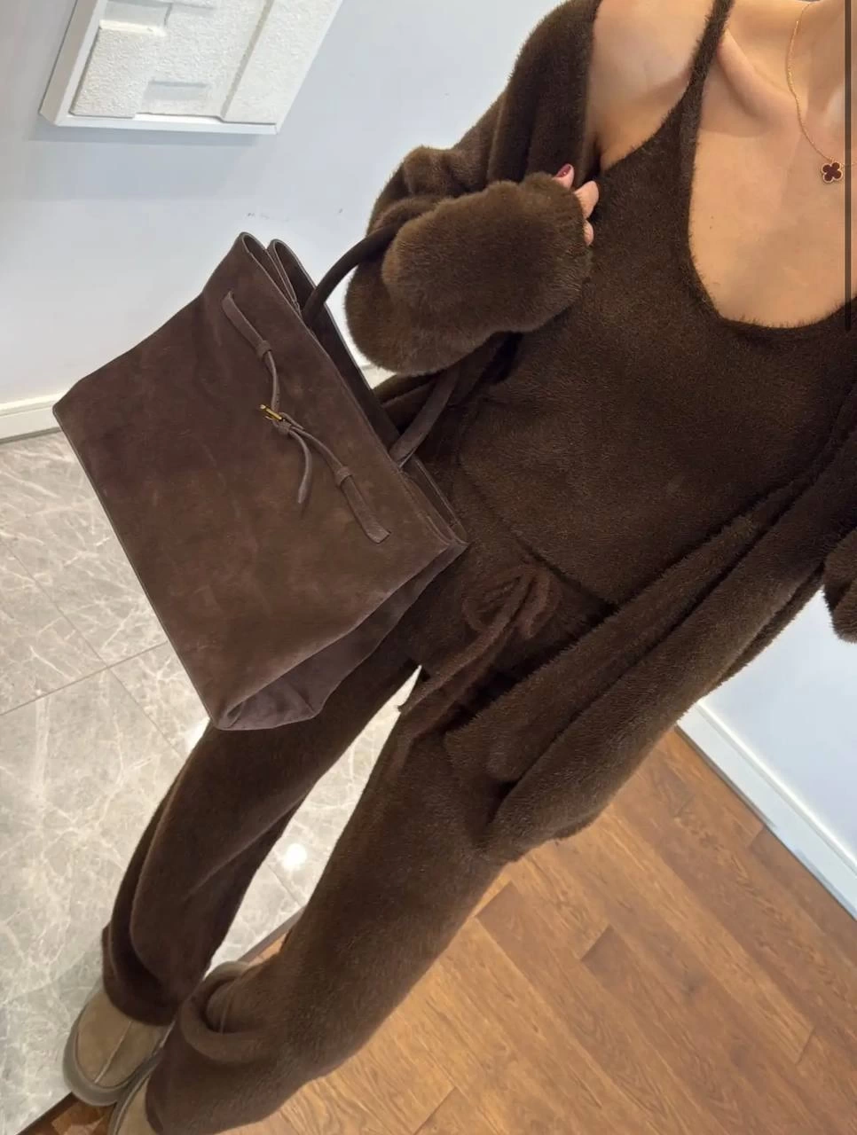 Kadın Acı Kahve Crop Bluz Hırka Pantolon 3’lü Kışlık Triko Takım