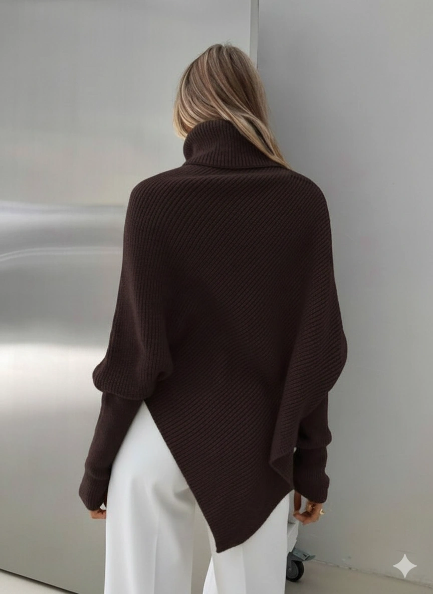 Kadın Acı Kahverengi Asimetrik Kesim Boğazlı Balıkçı Yaka Triko Kazak