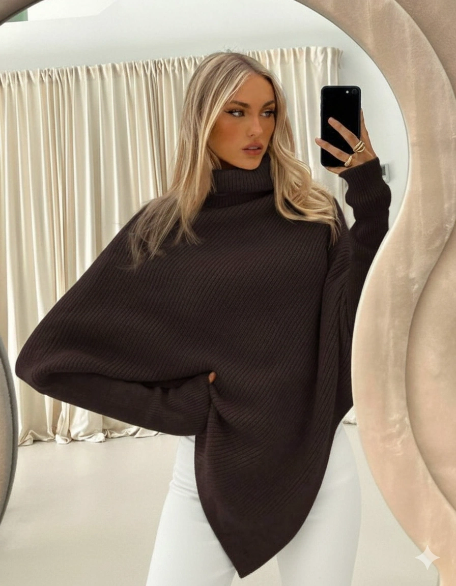 Kadın Acı Kahverengi Asimetrik Kesim Boğazlı Balıkçı Yaka Triko Kazak