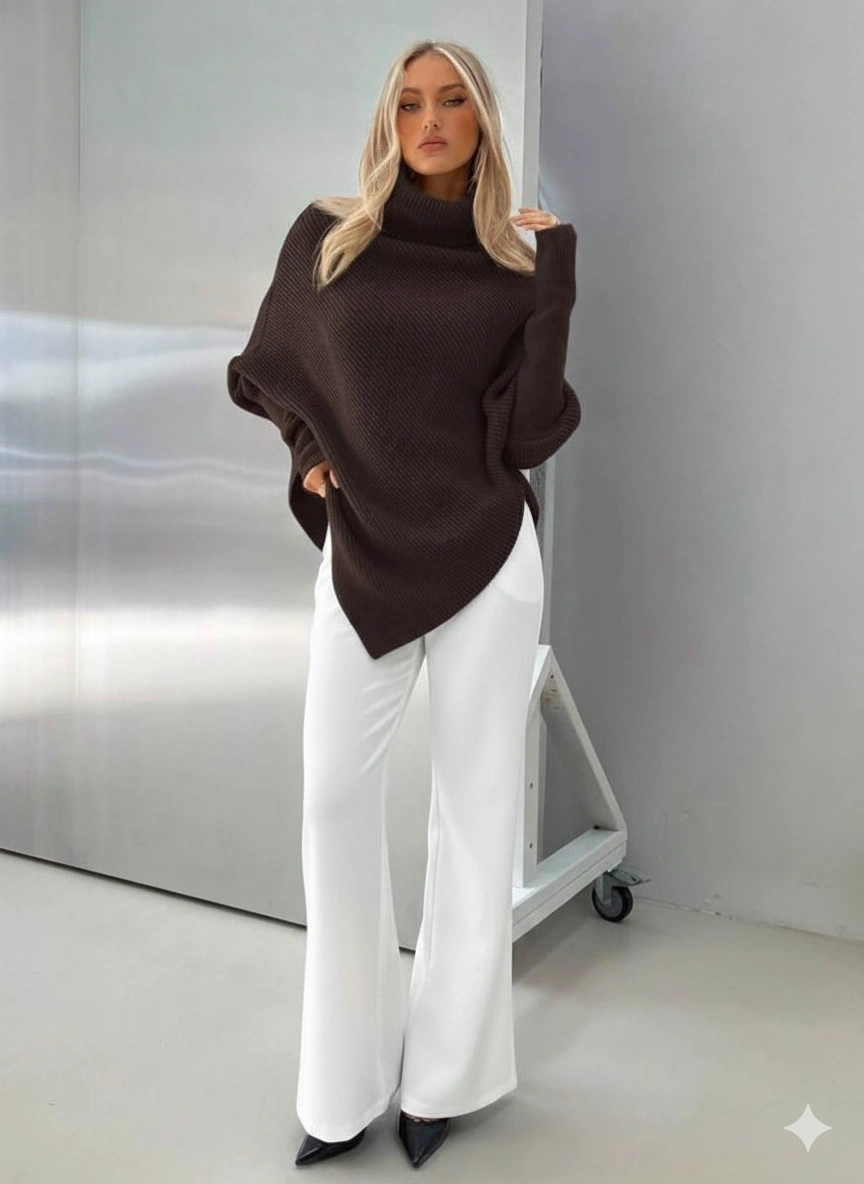 Kadın Acı Kahverengi Asimetrik Kesim Boğazlı Balıkçı Yaka Triko Kazak