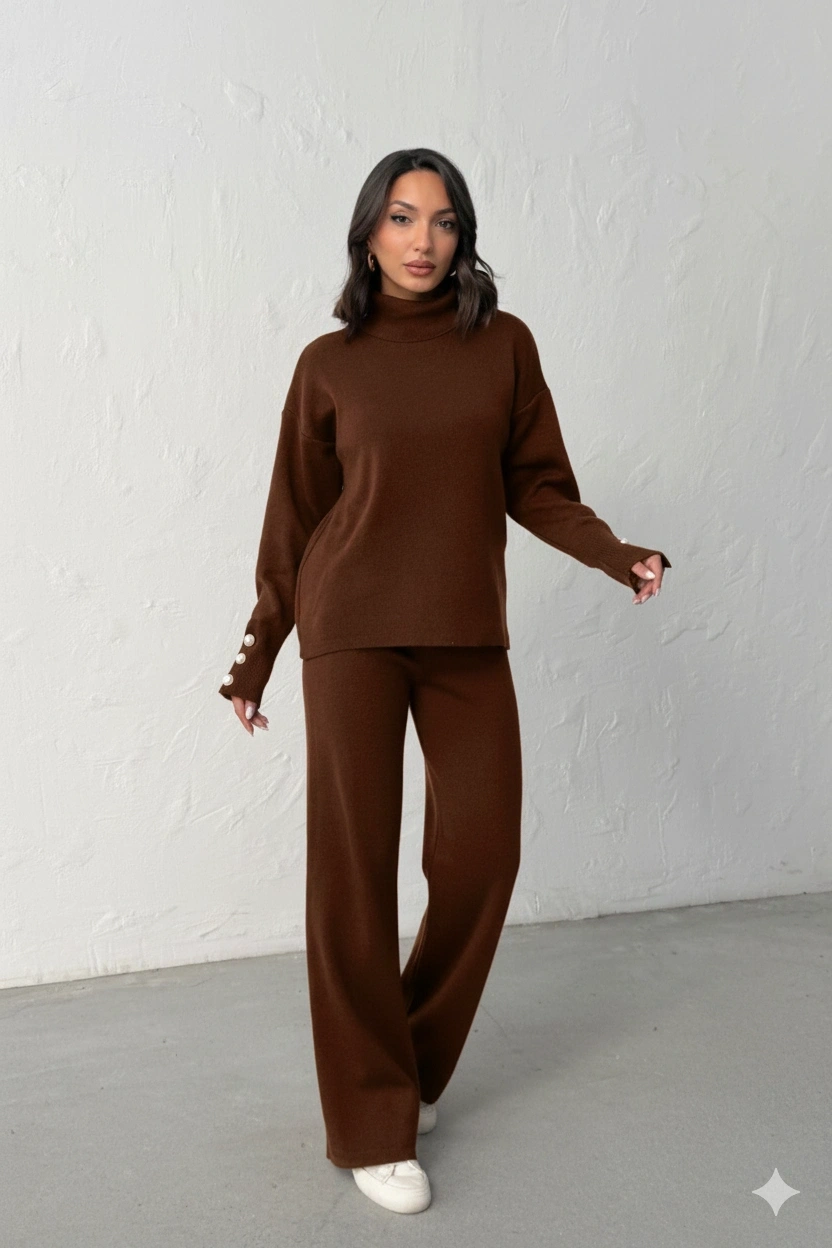 Kadın Acı Kahverengi Kol Düğme Detaylı Bluz Etek Alt Üst İkili Triko Takım