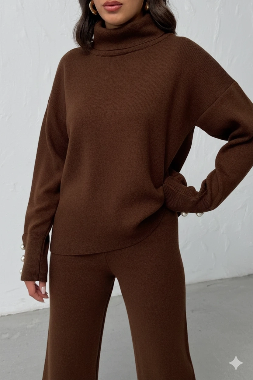 Kadın Acı Kahverengi Kol Düğme Detaylı Bluz Etek Alt Üst İkili Triko Takım