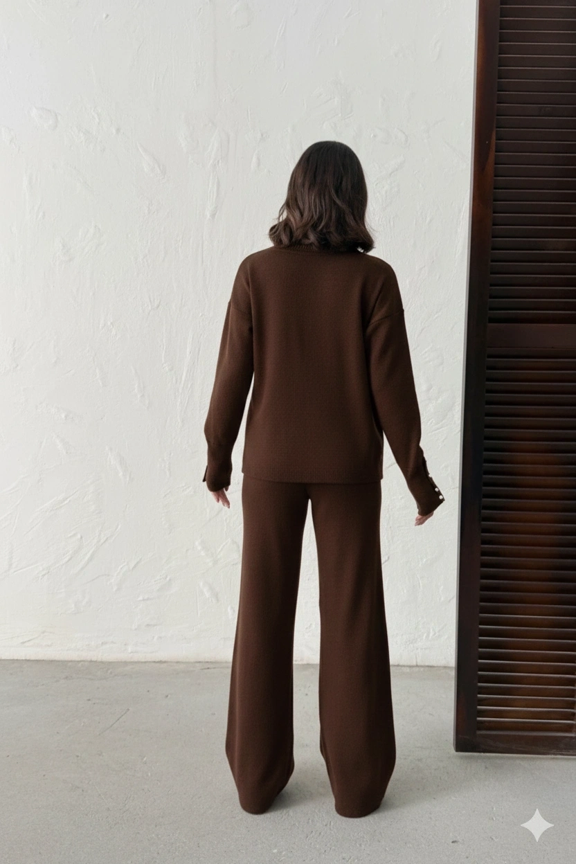 Kadın Acı Kahverengi Kol Düğme Detaylı Bluz Etek Alt Üst İkili Triko Takım