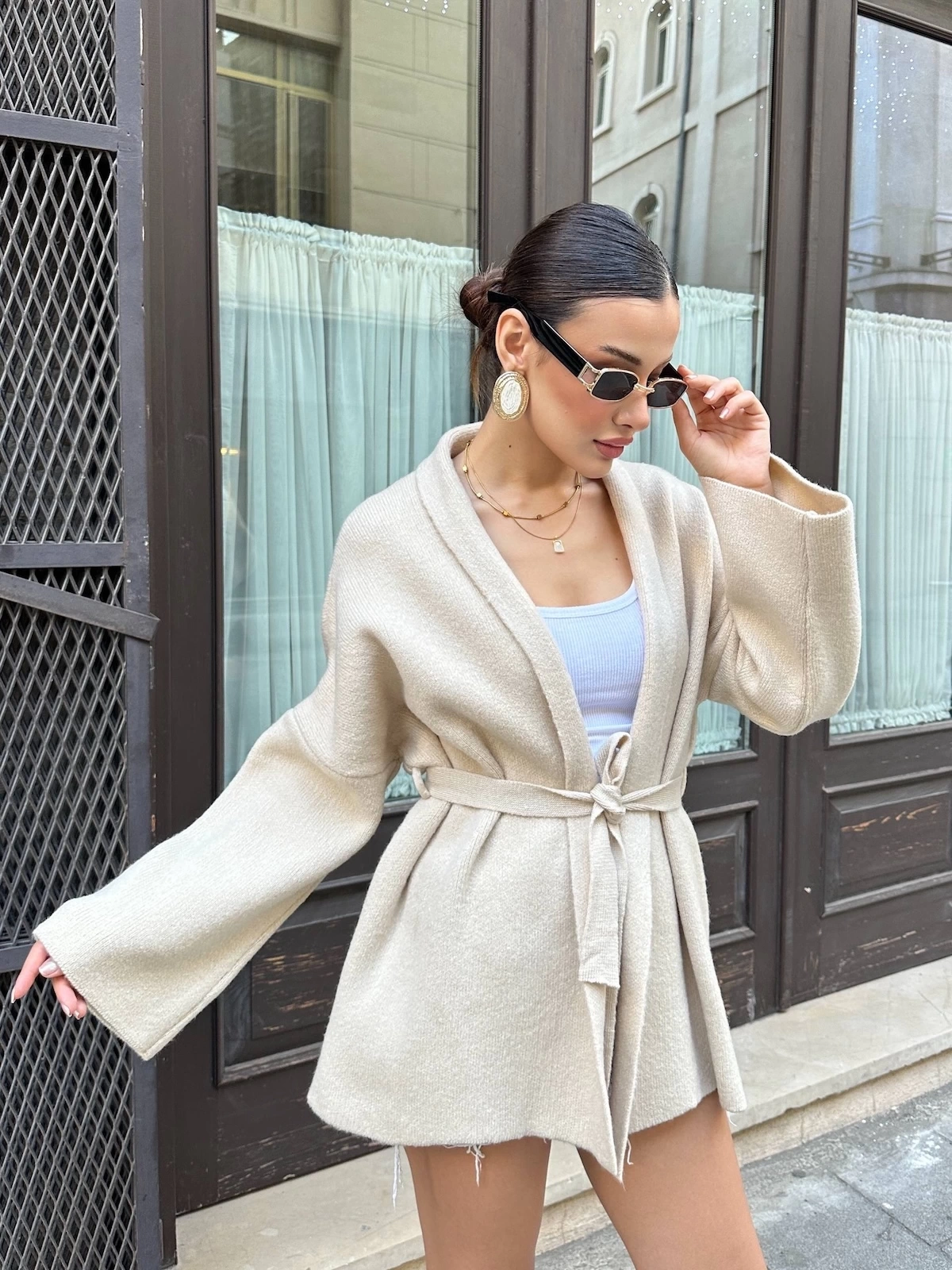 Kadın Bej Kemerli Triko Kimono Hırka
