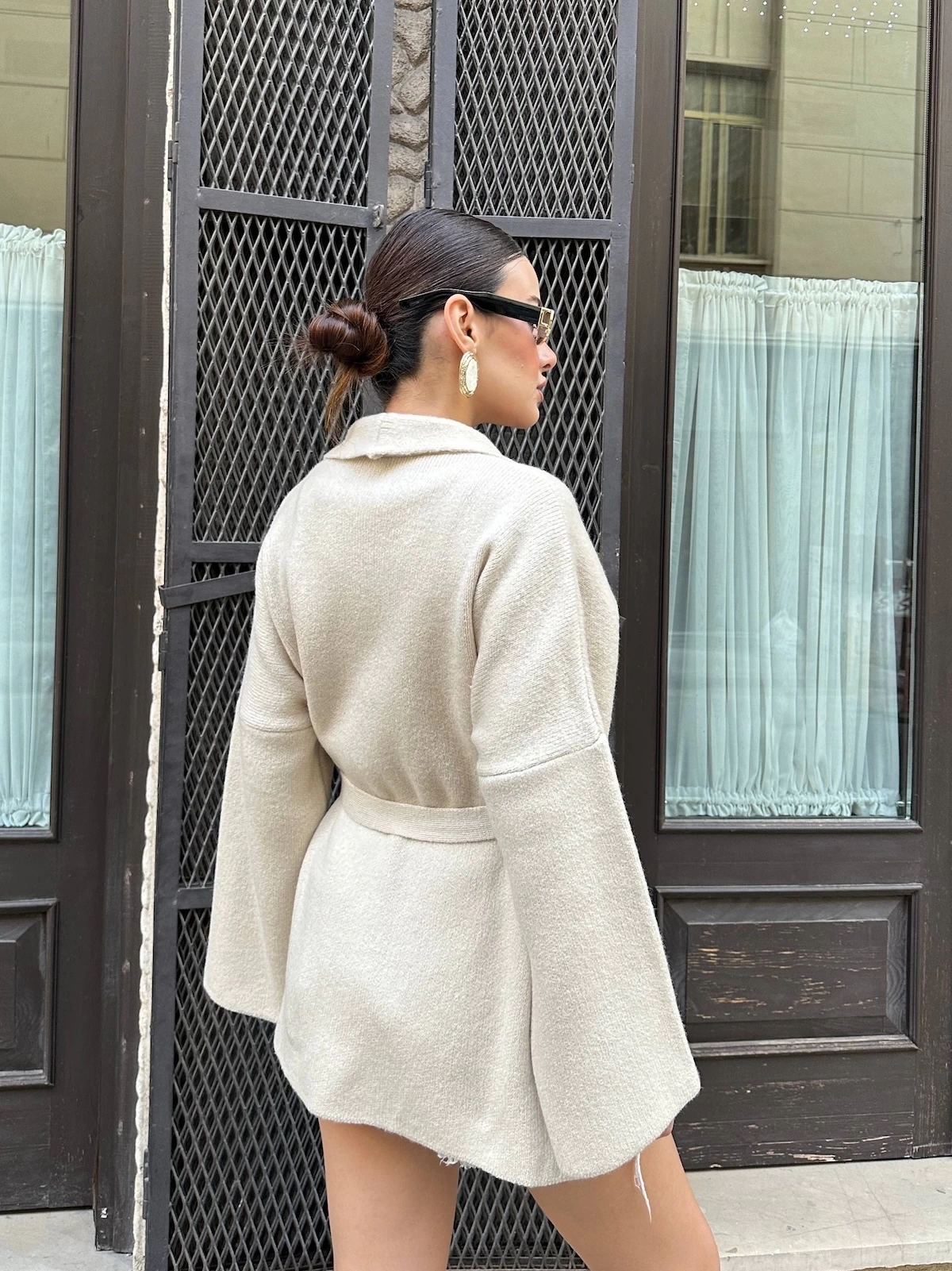 Kadın Bej Kemerli Triko Kimono Hırka
