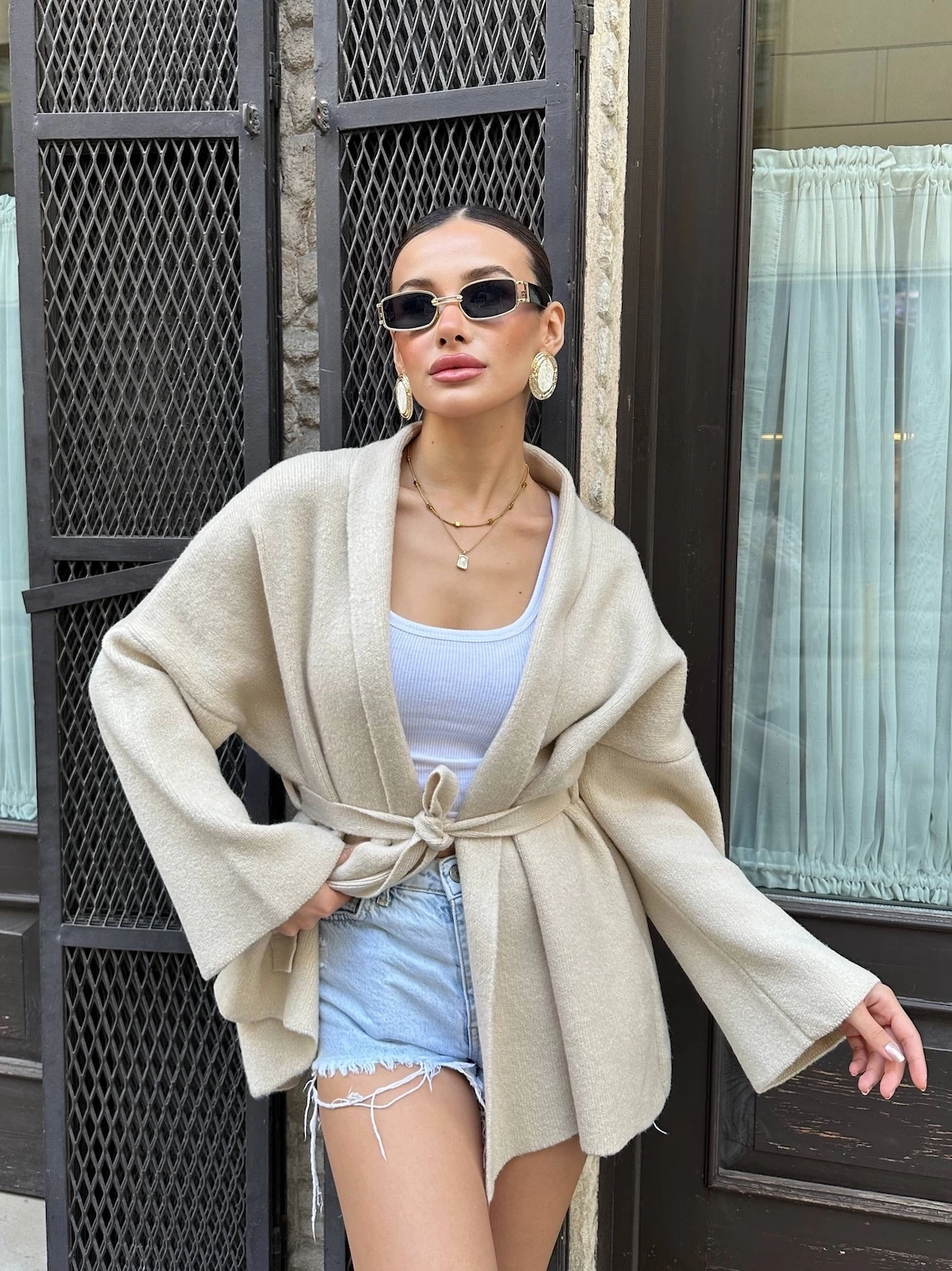 Kadın Bej Kemerli Triko Kimono Hırka