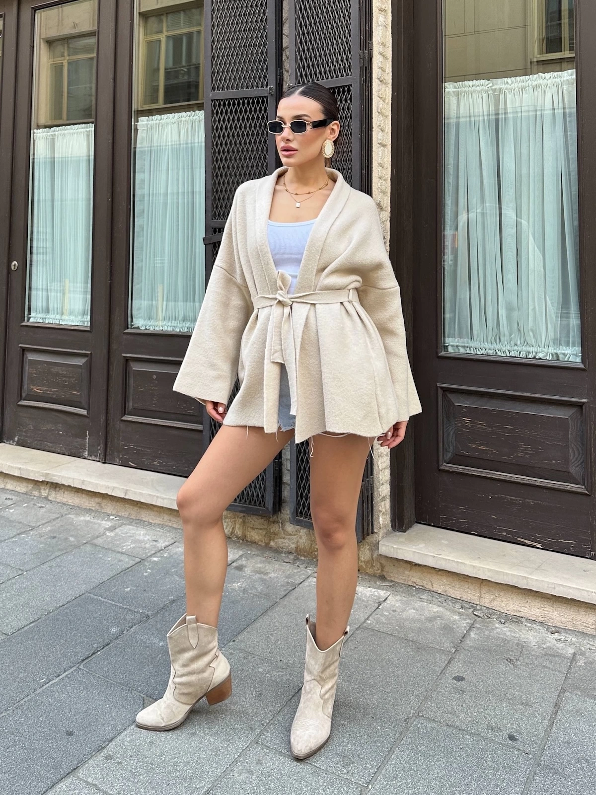 Kadın Bej Kemerli Triko Kimono Hırka