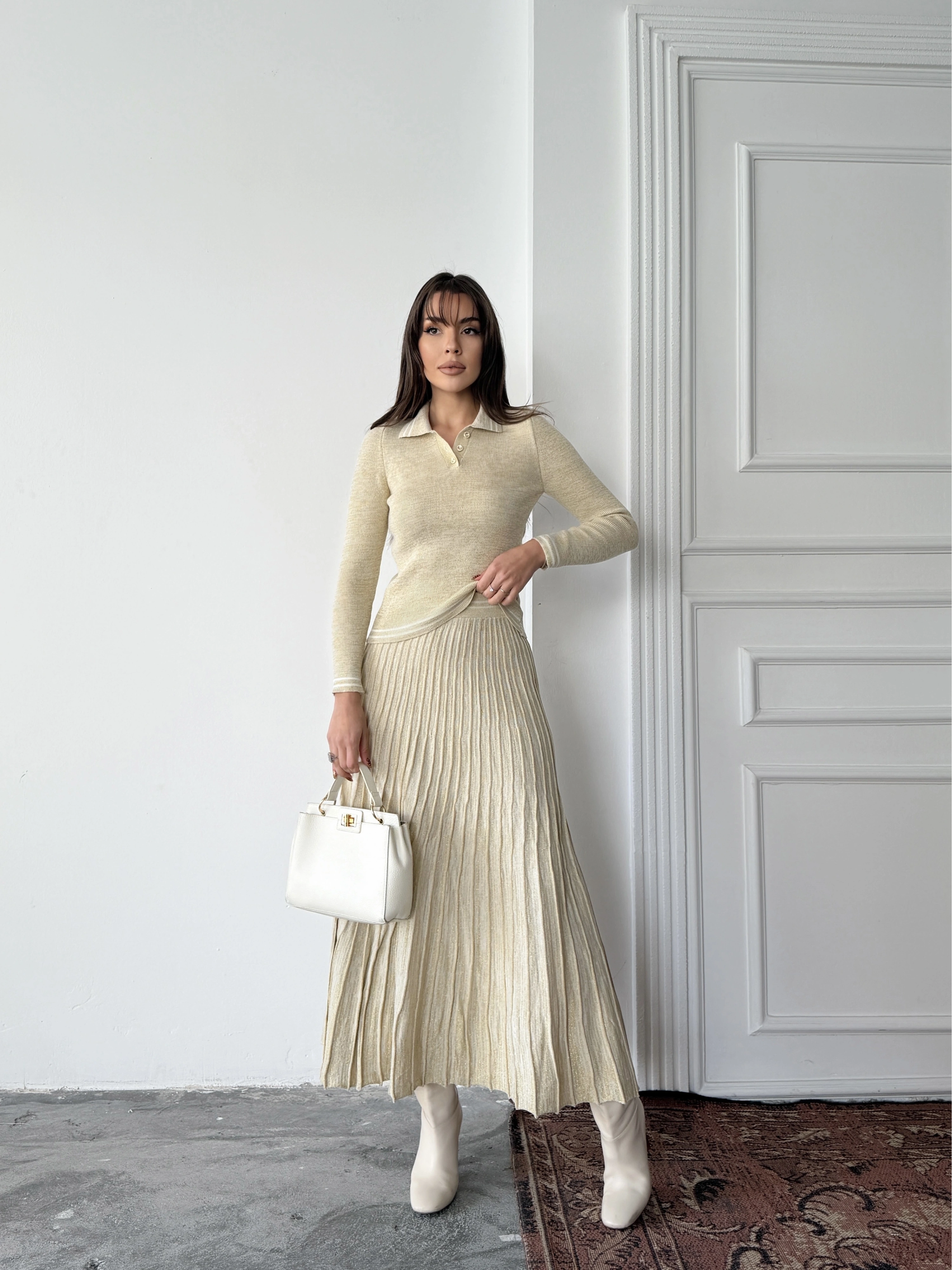 Kadın Bej Simli Şık Şeritli Bluz Etek Alt Üst İkili Premium Triko Takım