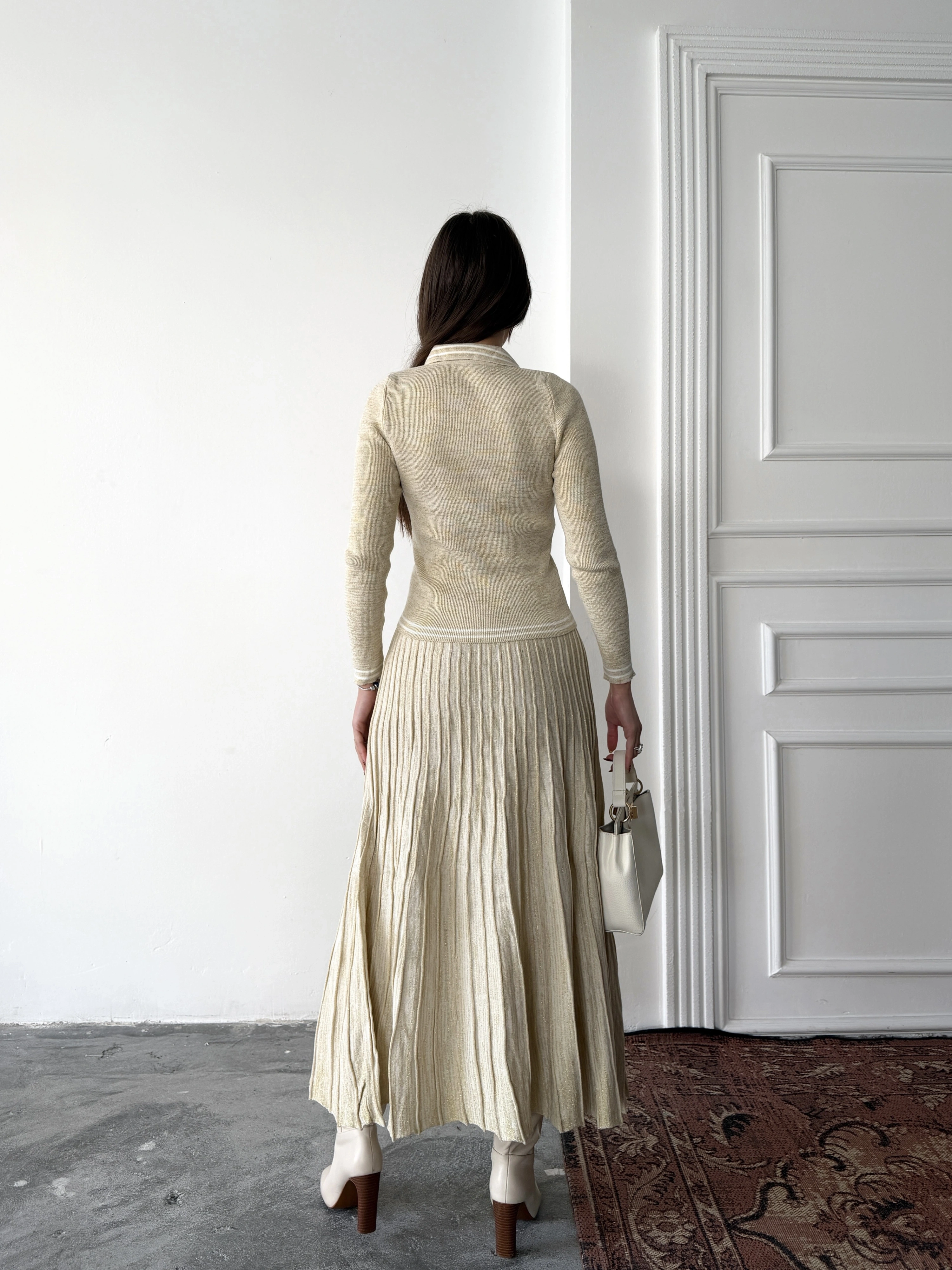 Kadın Bej Simli Şık Şeritli Bluz Etek Alt Üst İkili Premium Triko Takım