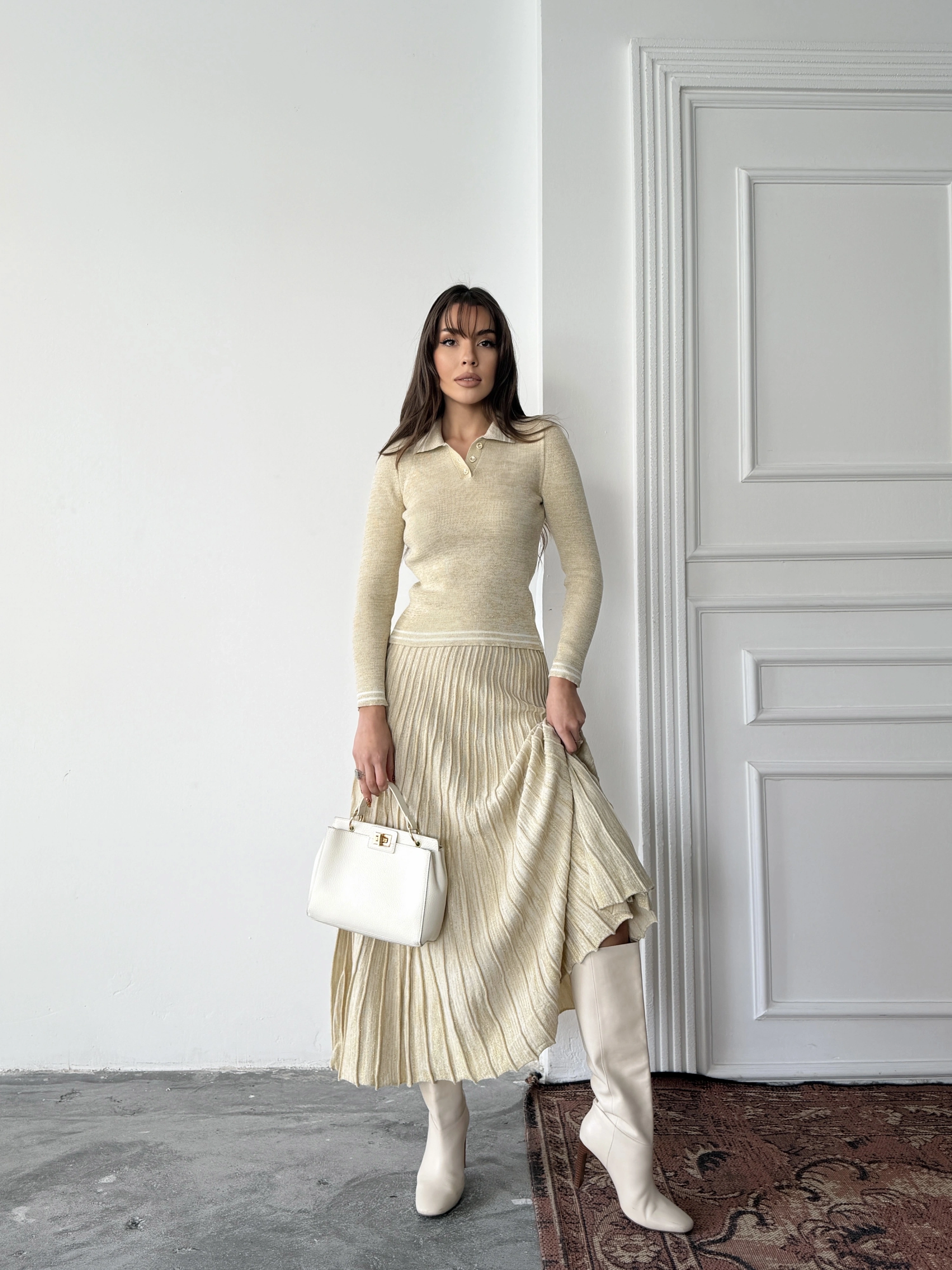 Kadın Bej Simli Şık Şeritli Bluz Etek Alt Üst İkili Premium Triko Takım