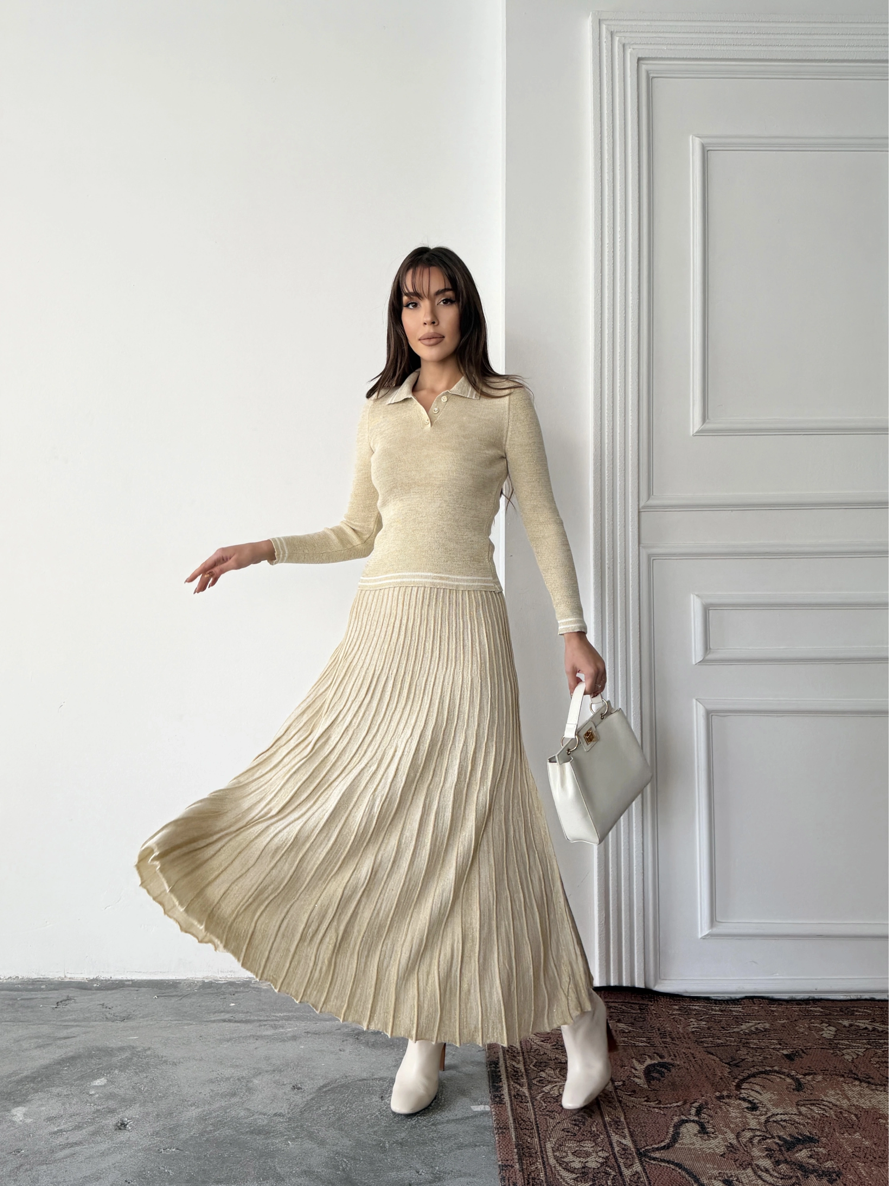 Kadın Bej Simli Şık Şeritli Bluz Etek Alt Üst İkili Premium Triko Takım