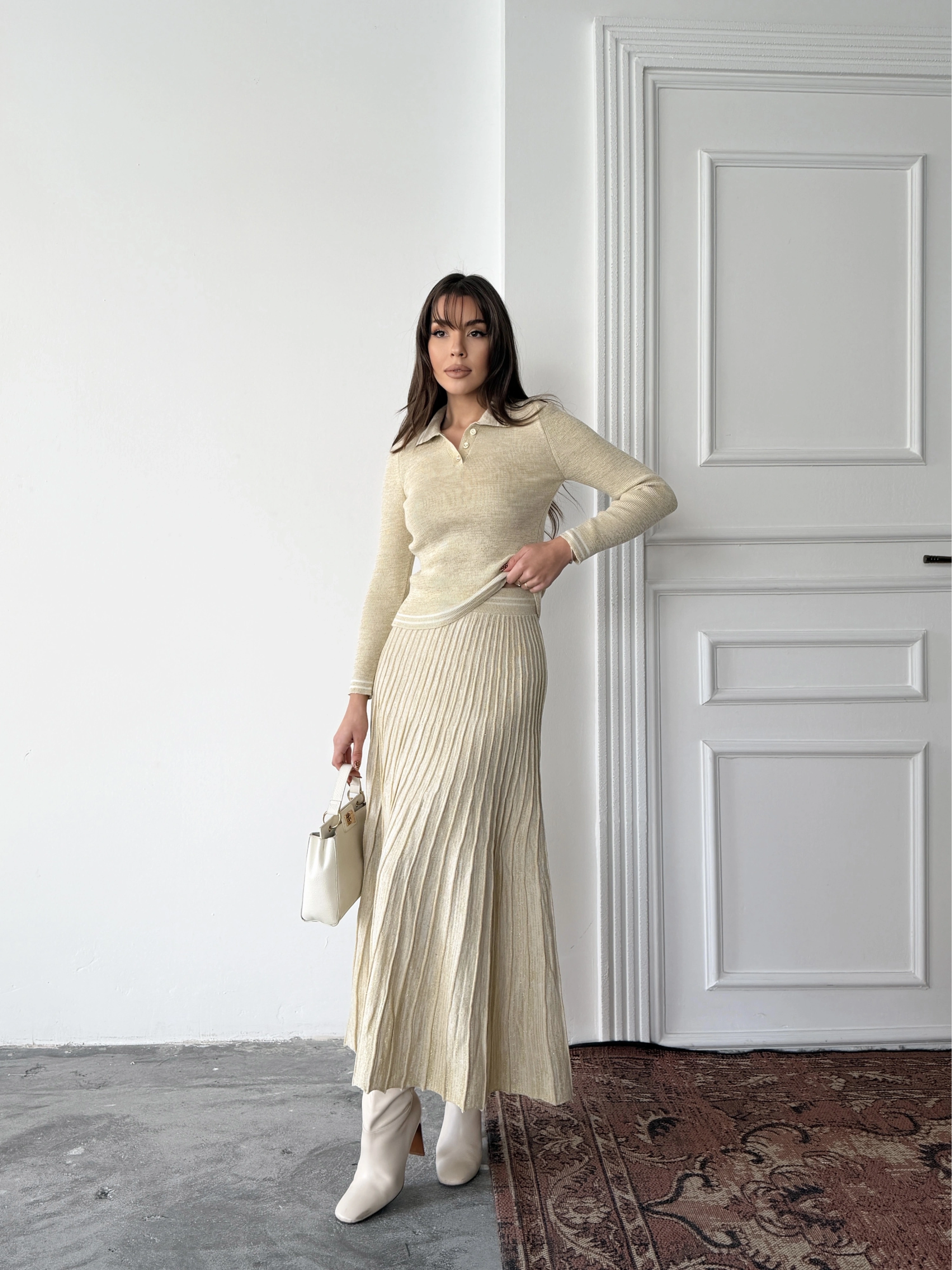 Kadın Bej Simli Şık Şeritli Bluz Etek Alt Üst İkili Premium Triko Takım