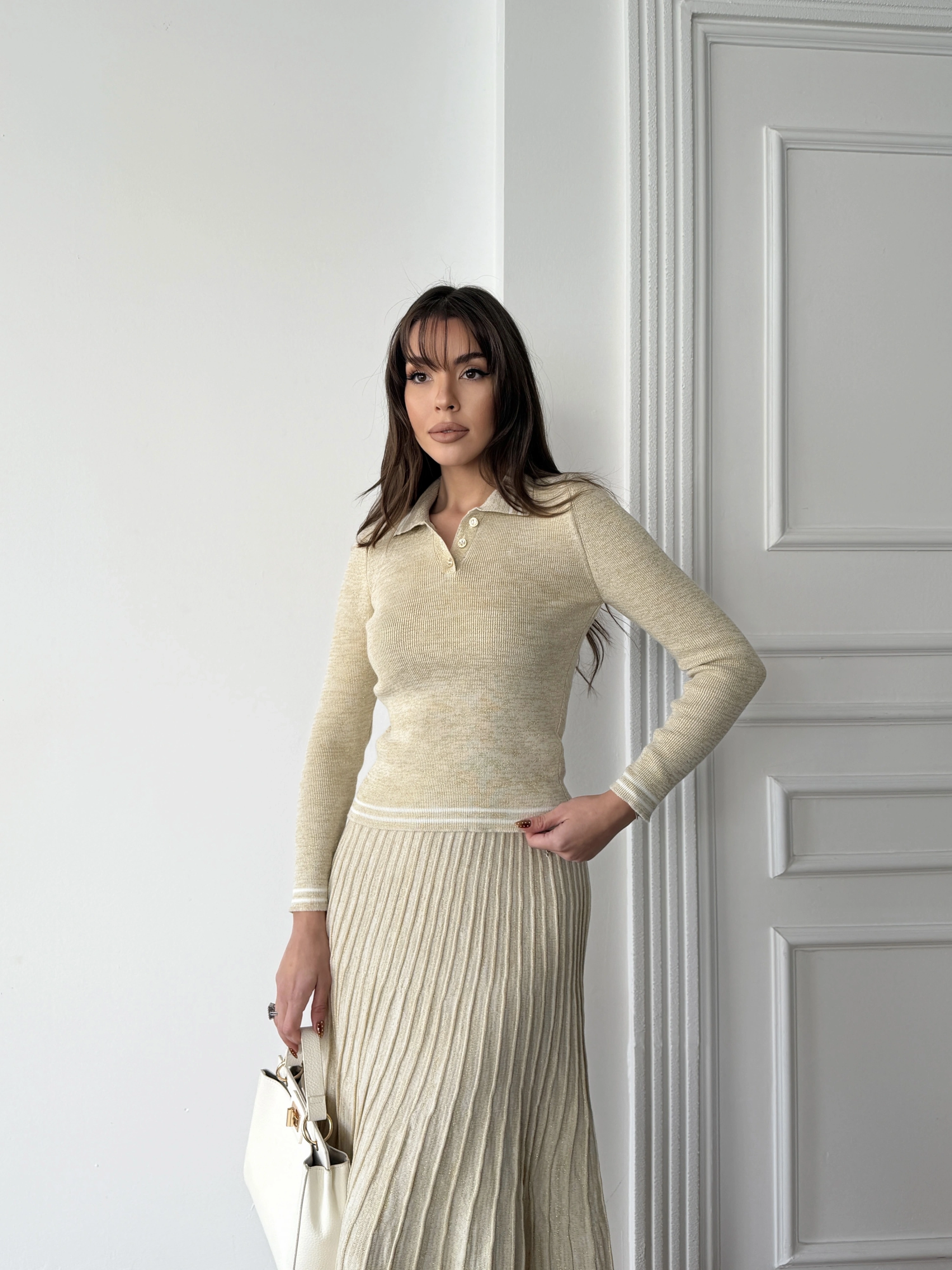 Kadın Bej Simli Şık Şeritli Bluz Etek Alt Üst İkili Premium Triko Takım