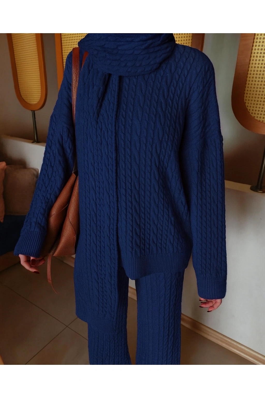 Kadın Lacivert Atkılı Saç Örgülü Pantolon Kazak Atkı 3lü Takım