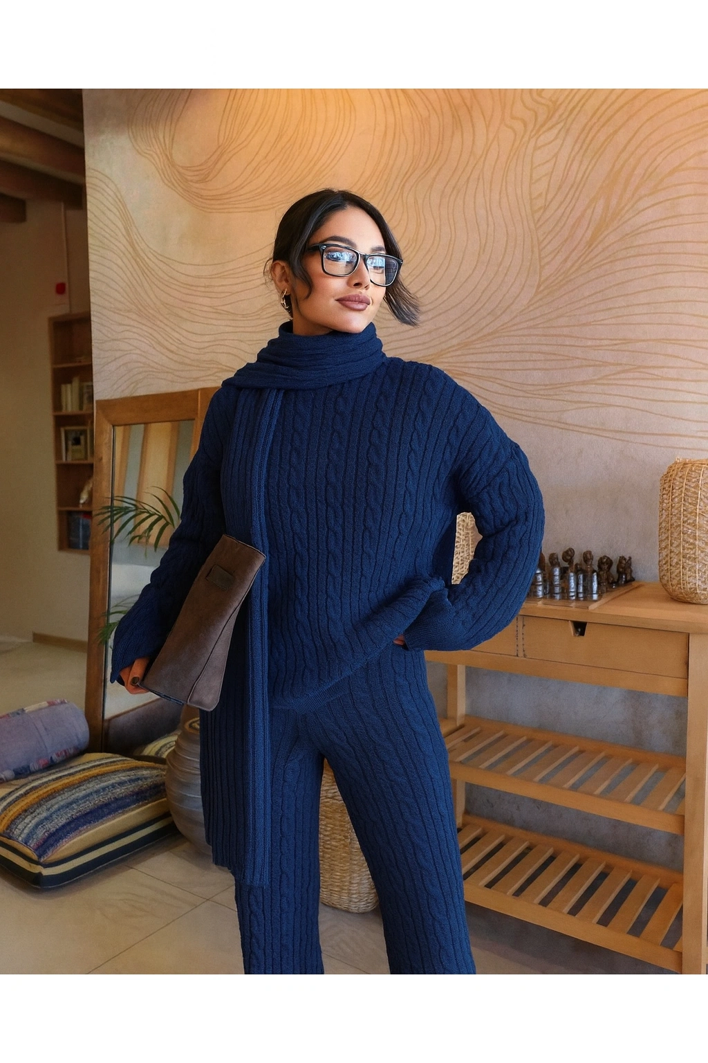 Kadın Lacivert Atkılı Saç Örgülü Pantolon Kazak Atkı 3lü Takım