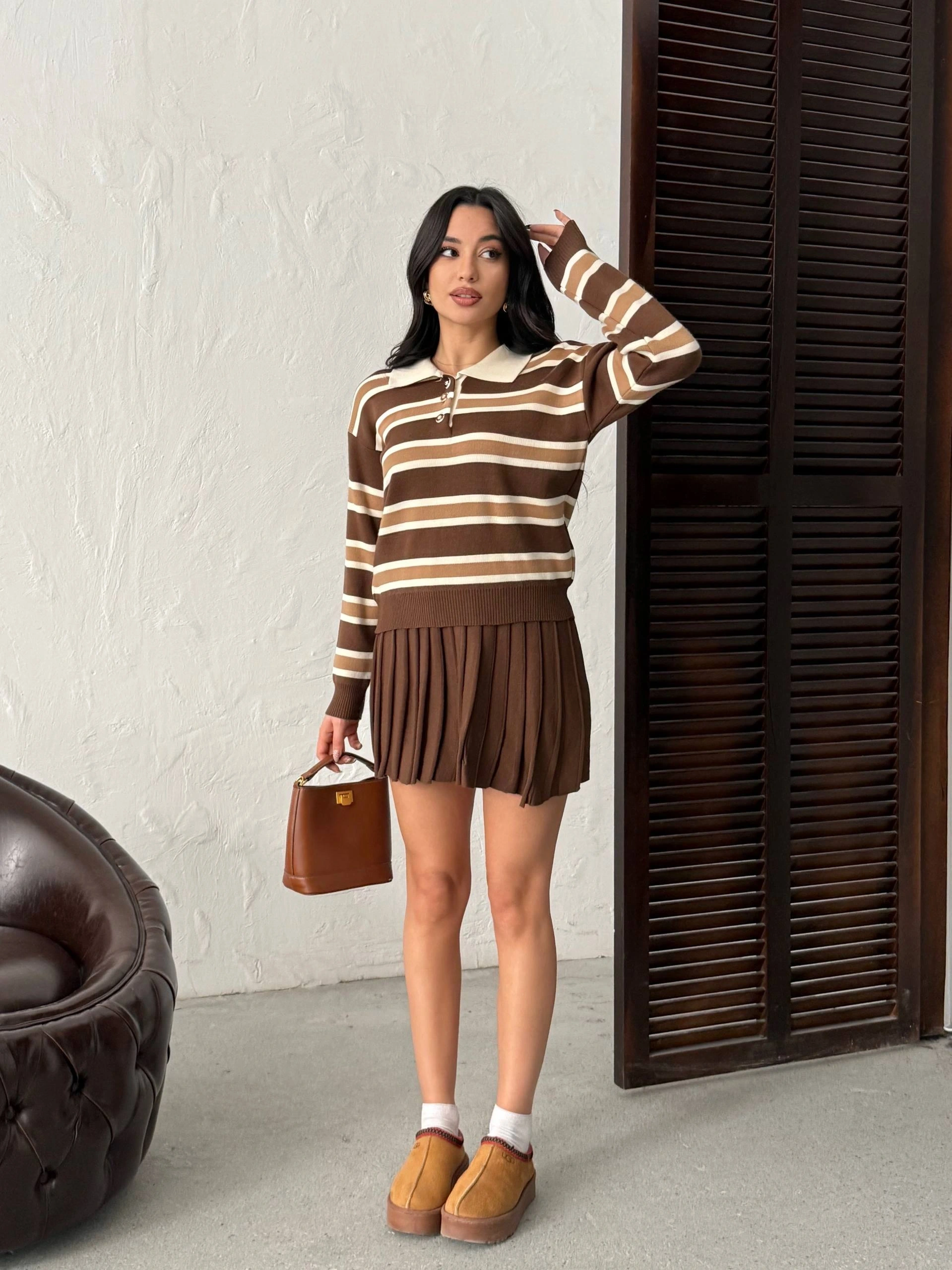 Kadın Kahverengi Çizgili Polo Yaka Kazak Etek İkili Triko Takım