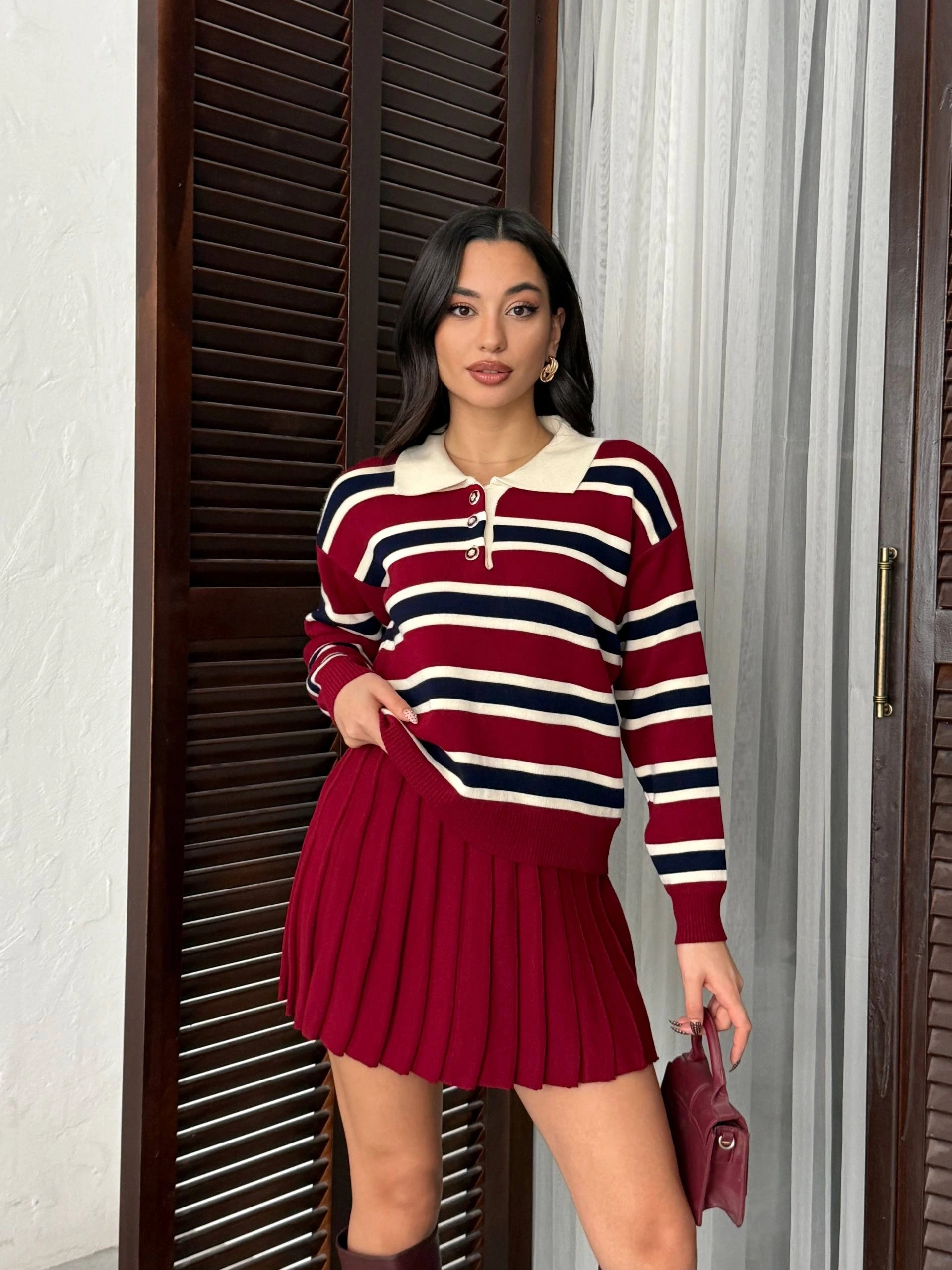 Kadın Bordo Çizgili Polo Yaka Kazak Etek İkili Triko Takım