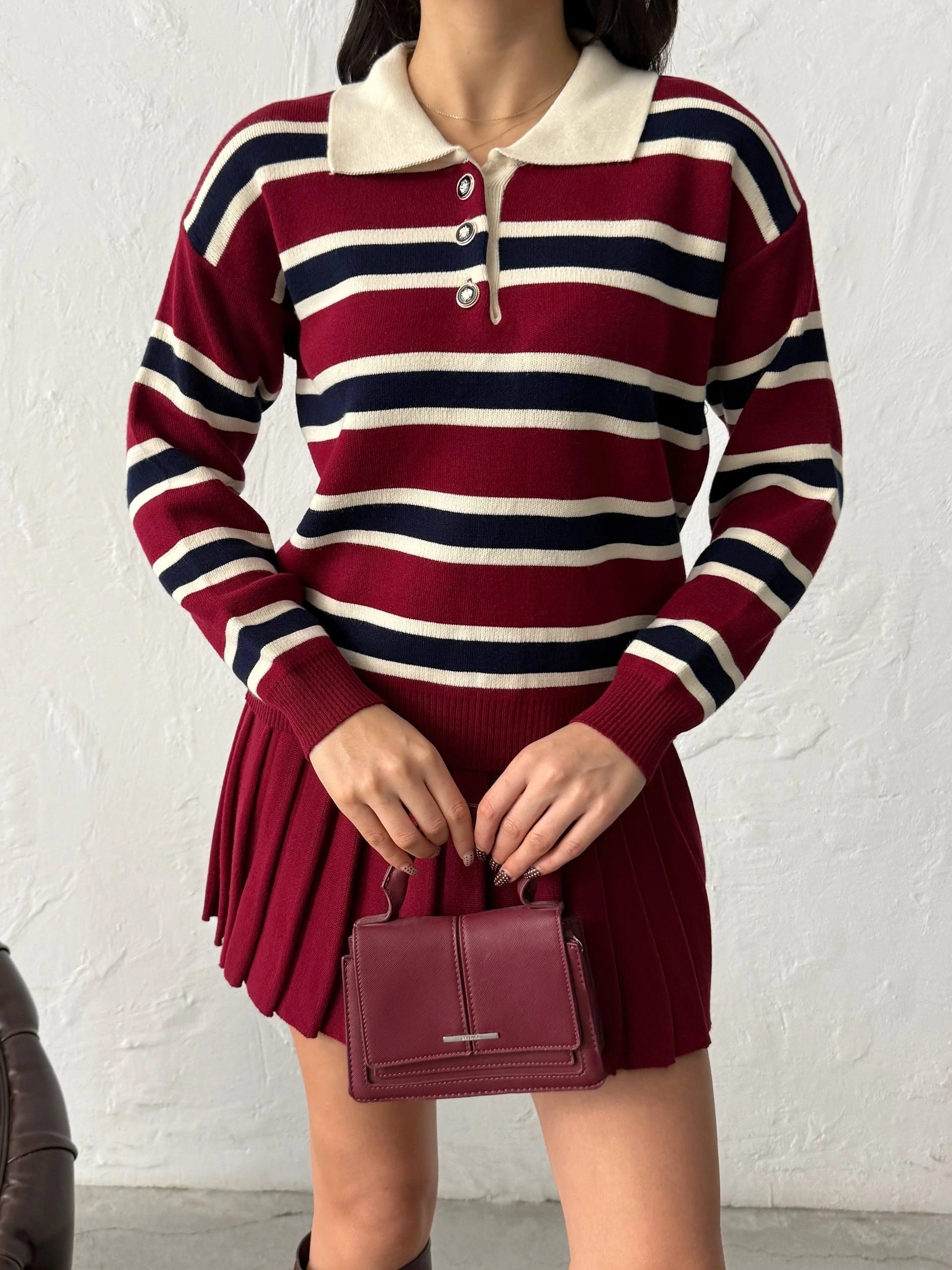 Kadın Bordo Çizgili Polo Yaka Kazak Etek İkili Triko Takım