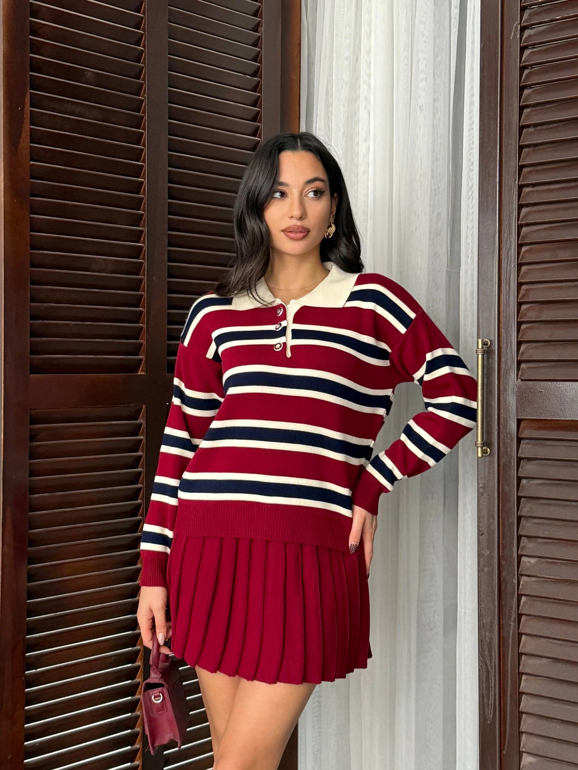 Kadın Bordo Çizgili Polo Yaka Kazak Etek İkili Triko Takım