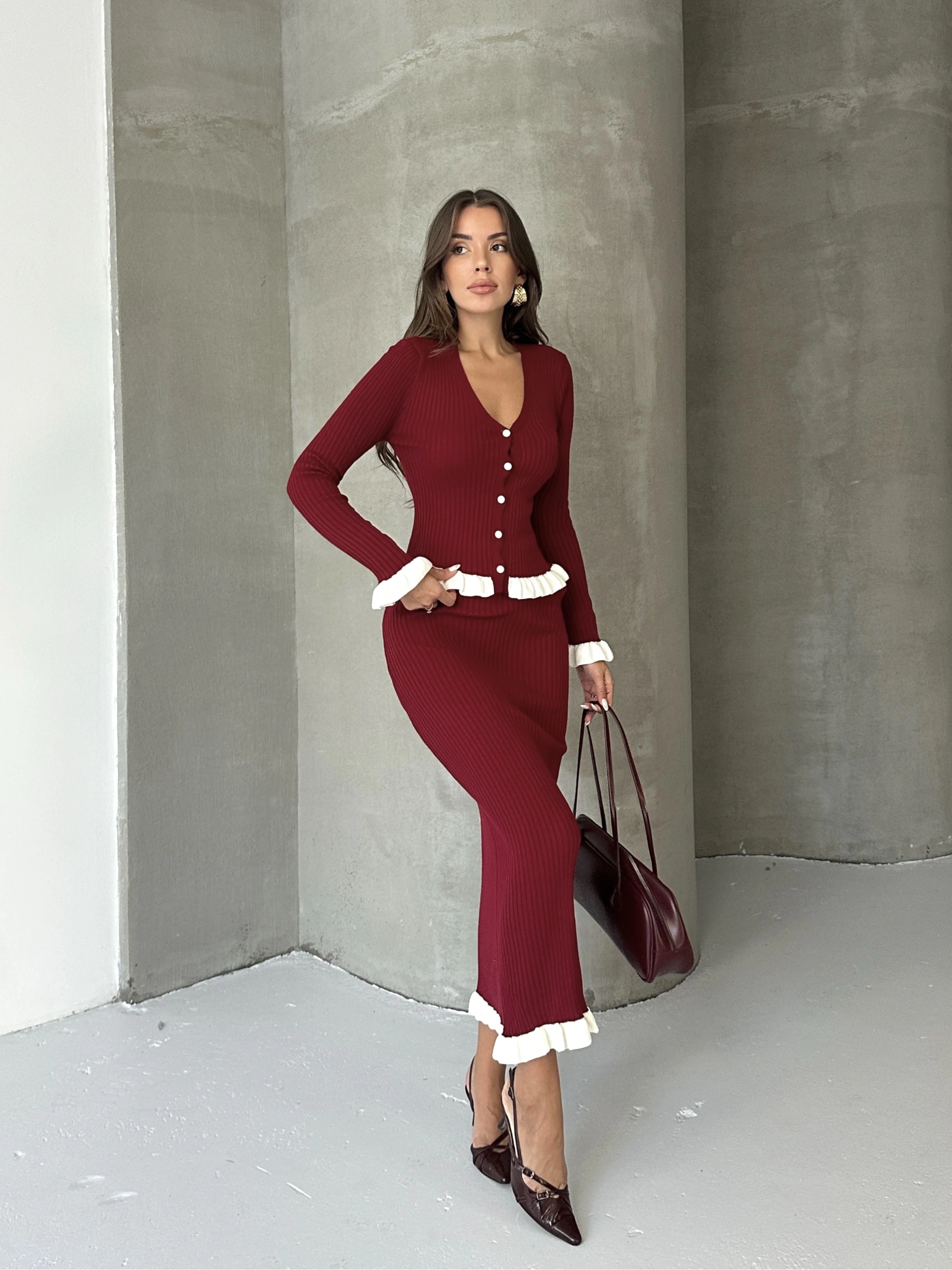 Kadın Bordo Fitilli Fırfır Detaylı Etek Bluz Zarif Triko Takım (S Beden)