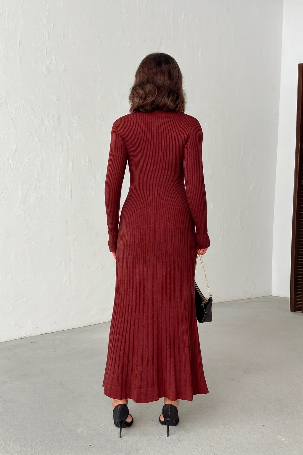 Kadın Bordo Gold Düğme detaylı Fitilli Uzun Triko Elbise
