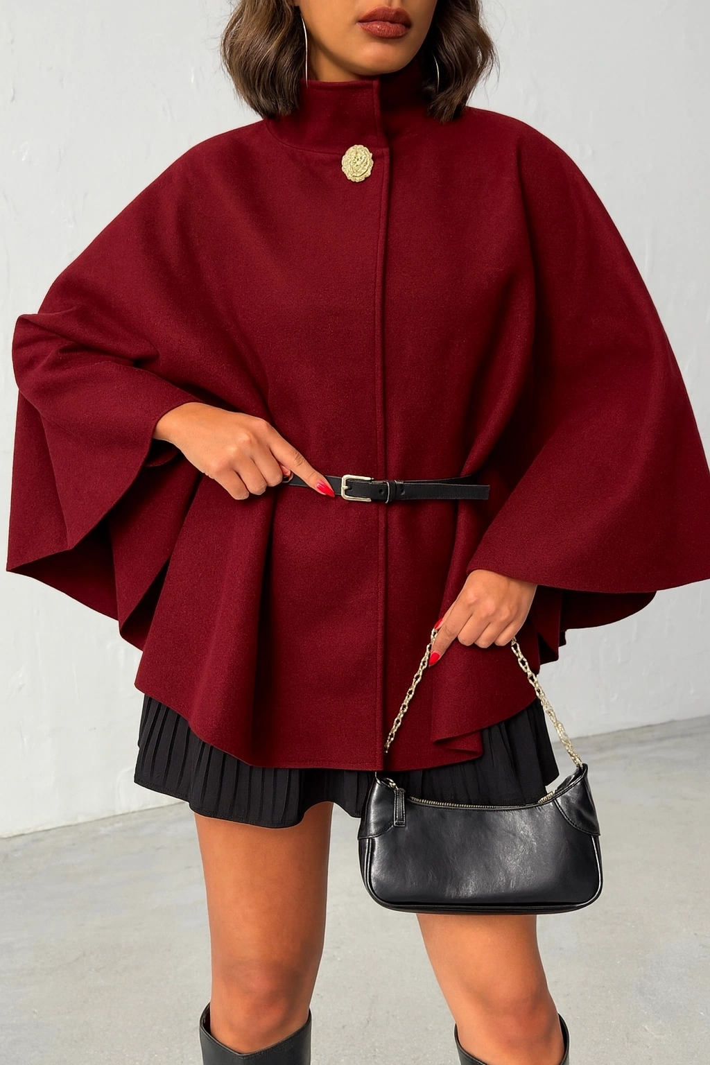 Kadın Bordo Gold Düğme ve Kemer Detaylı Kaşe Panço Ceket