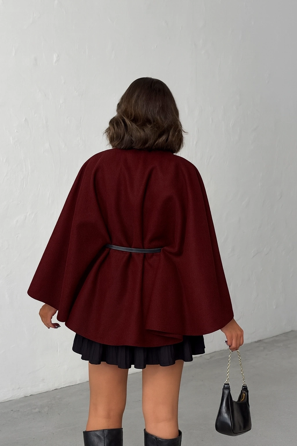 Kadın Bordo Gold Düğme ve Kemer Detaylı Kaşe Panço Ceket