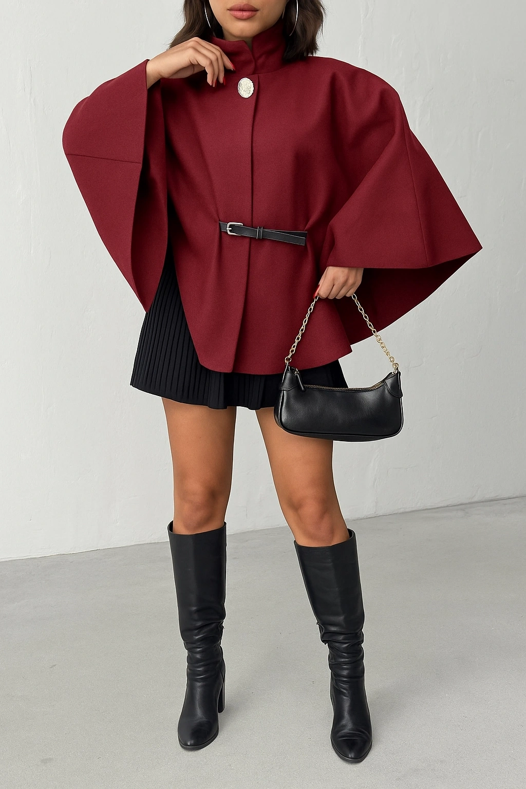 Kadın Bordo Gold Düğme ve Kemer Detaylı Kaşe Panço Ceket