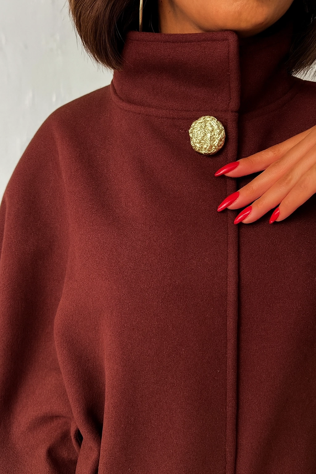 Kadın Bordo Gold Düğme ve Kemer Detaylı Kaşe Panço Ceket