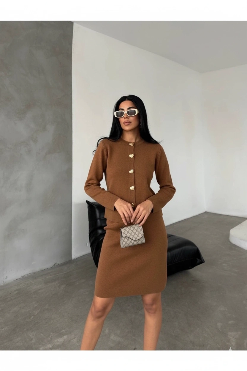 Kadın Kahverengi Gold Kalp Düğme Detaylı Hırka Etek Ikili Triko Takım (Yeni Renk)