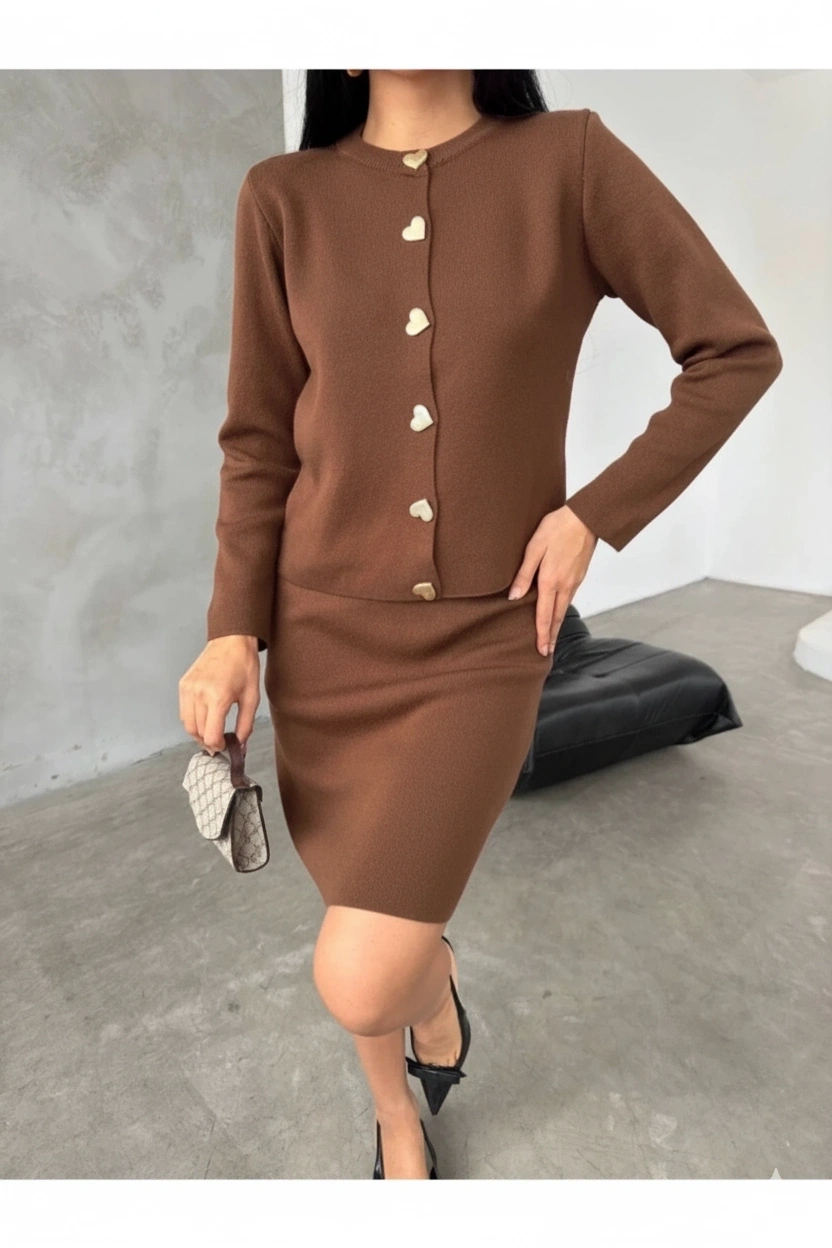 Kadın Kahverengi Gold Kalp Düğme Detaylı Hırka Etek Ikili Triko Takım (Yeni Renk)