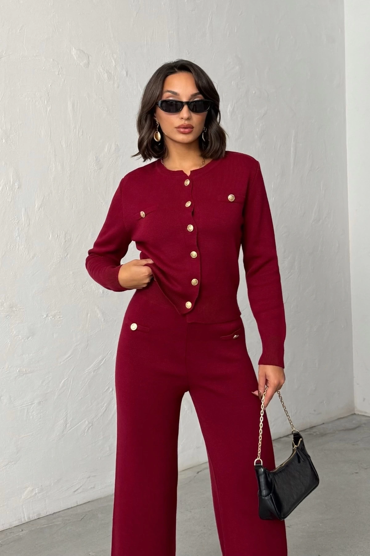 Kadın Bordo Hırka Pantolon Alt Üst İkili Triko Takım