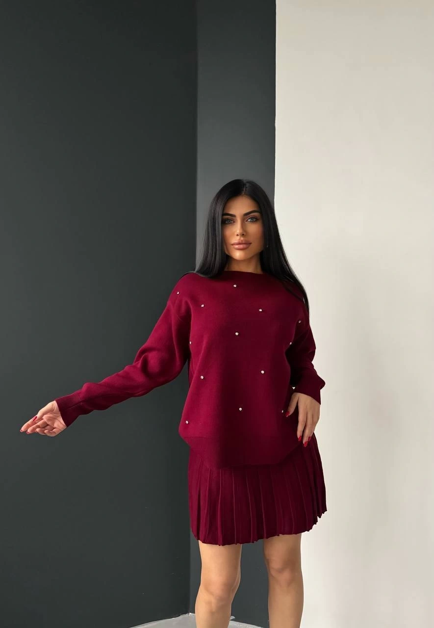 Kadın Bordo İnci Taş İşlemeli Kazak Etek Alt Üst İkili Triko Takım