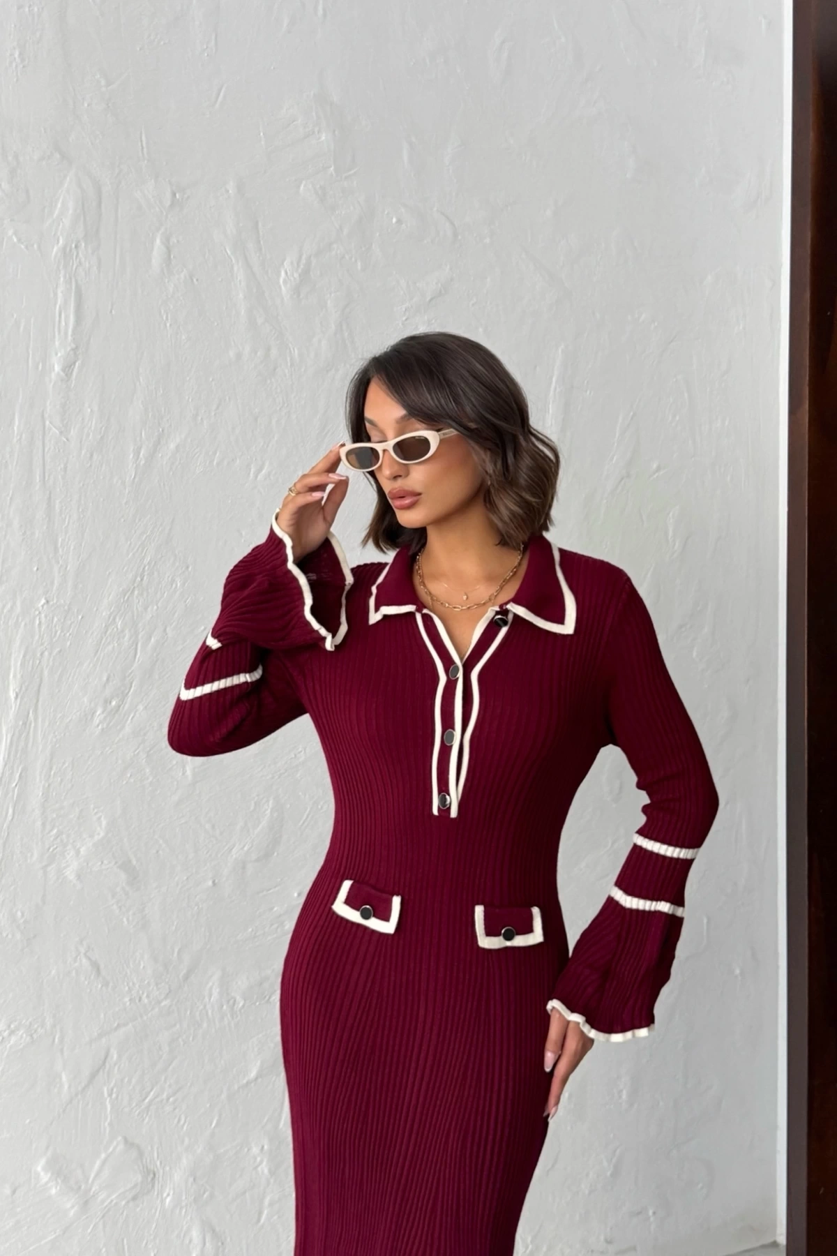 Kadın Bordo Polo Yaka Şık Düğme Detaylı Uzun Kol Triko Elbise