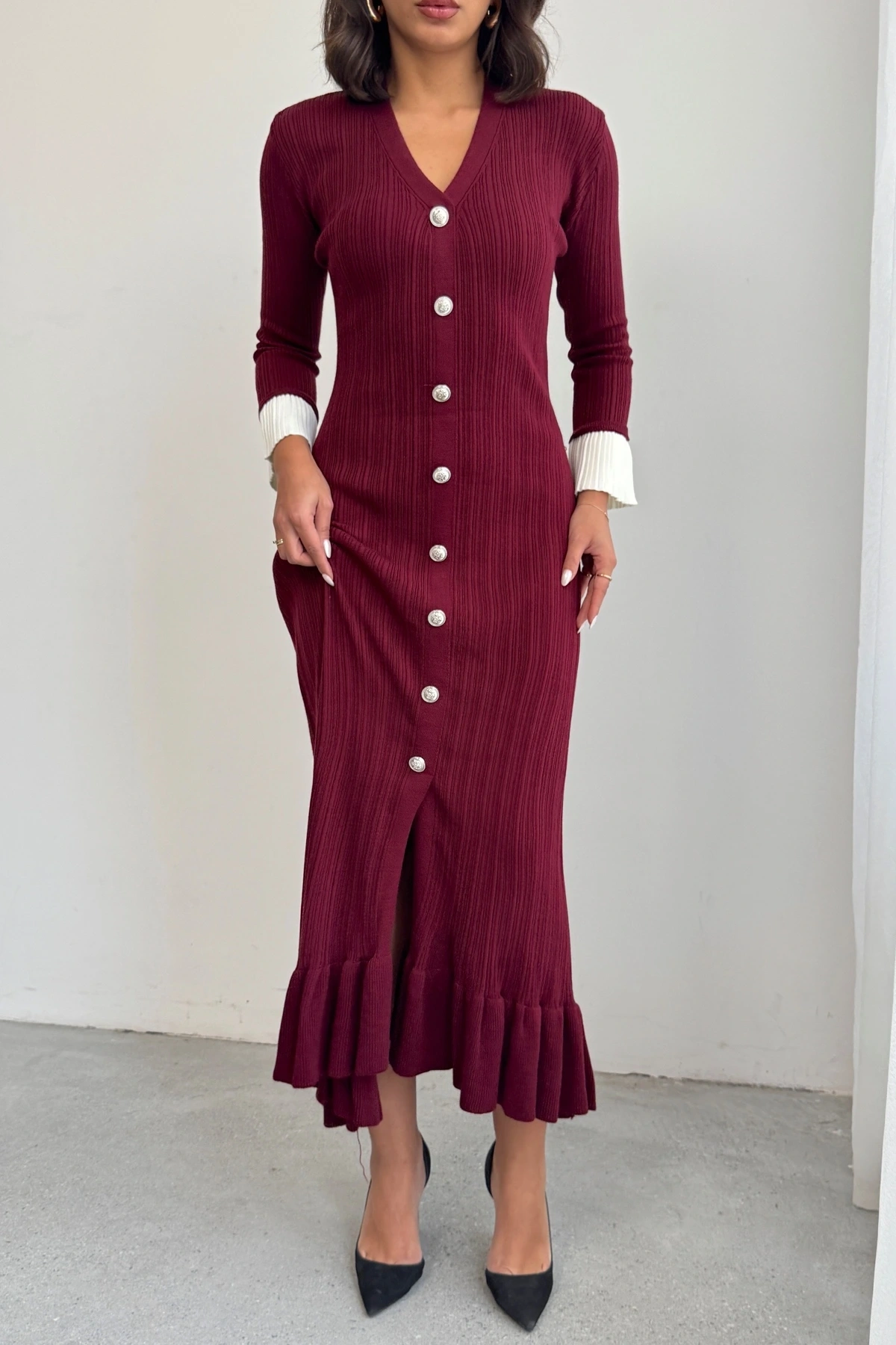 Kadın Bordo Şık Bilek Boy Kol Boydan Düğmeli Uzun Triko Elbise