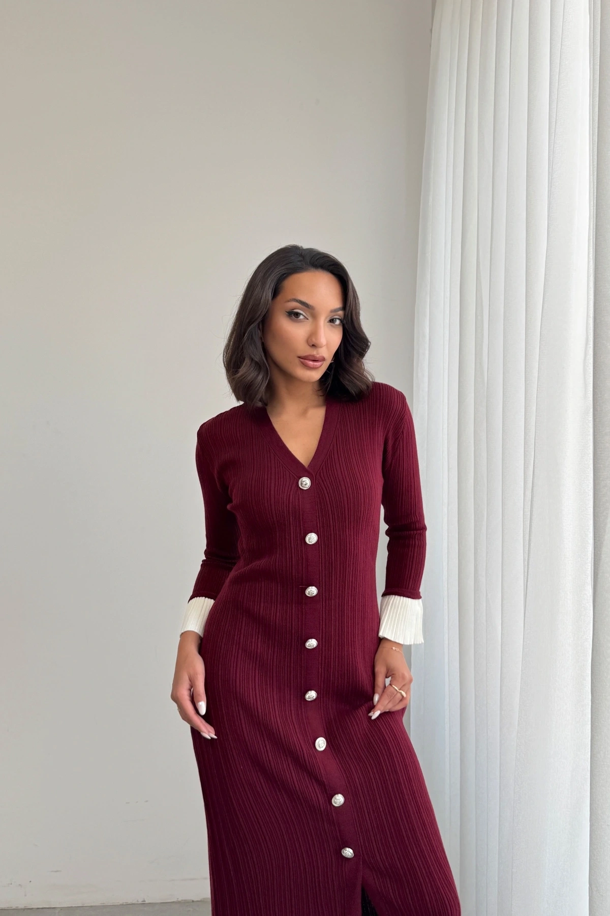 Kadın Bordo Şık Bilek Boy Kol Boydan Düğmeli Uzun Triko Elbise