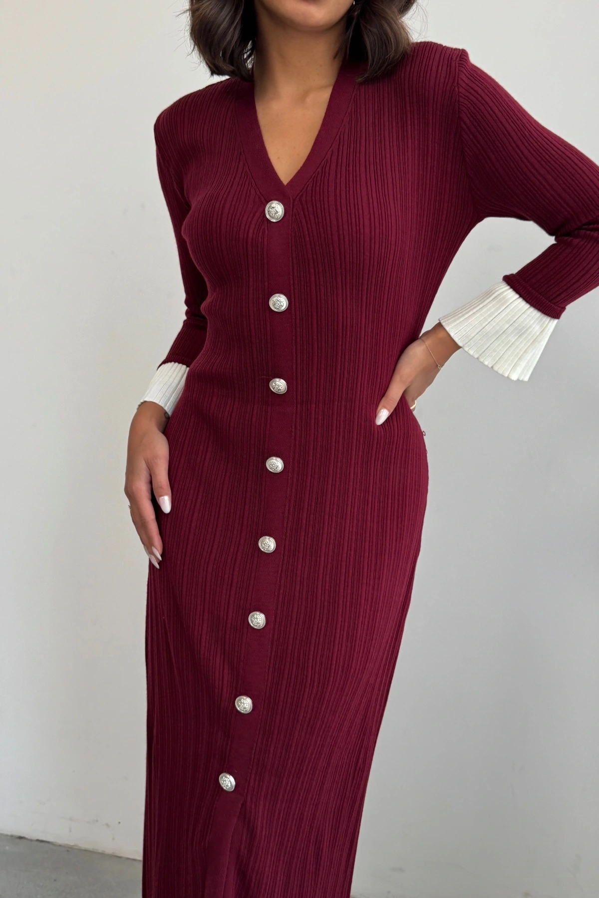 Kadın Bordo Şık Bilek Boy Kol Boydan Düğmeli Uzun Triko Elbise