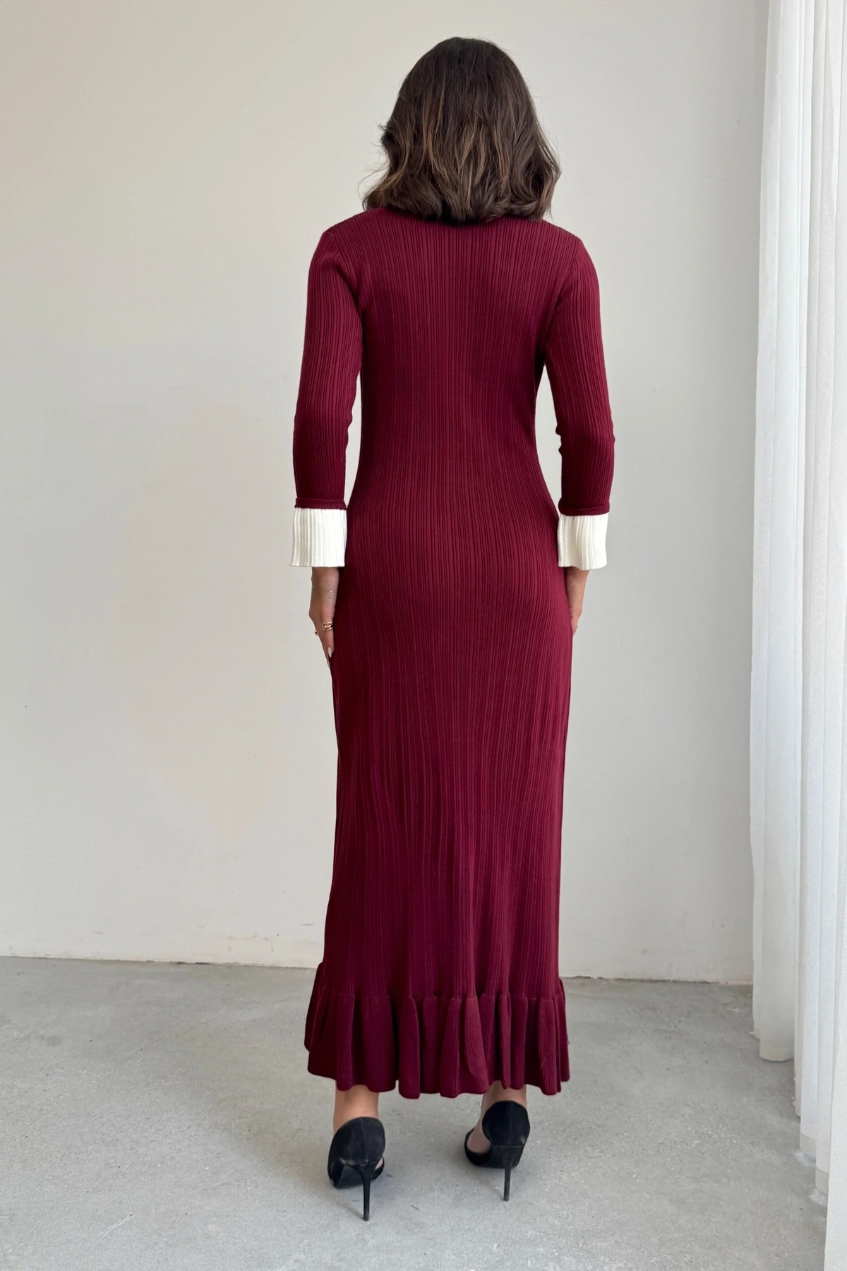 Kadın Bordo Şık Bilek Boy Kol Boydan Düğmeli Uzun Triko Elbise