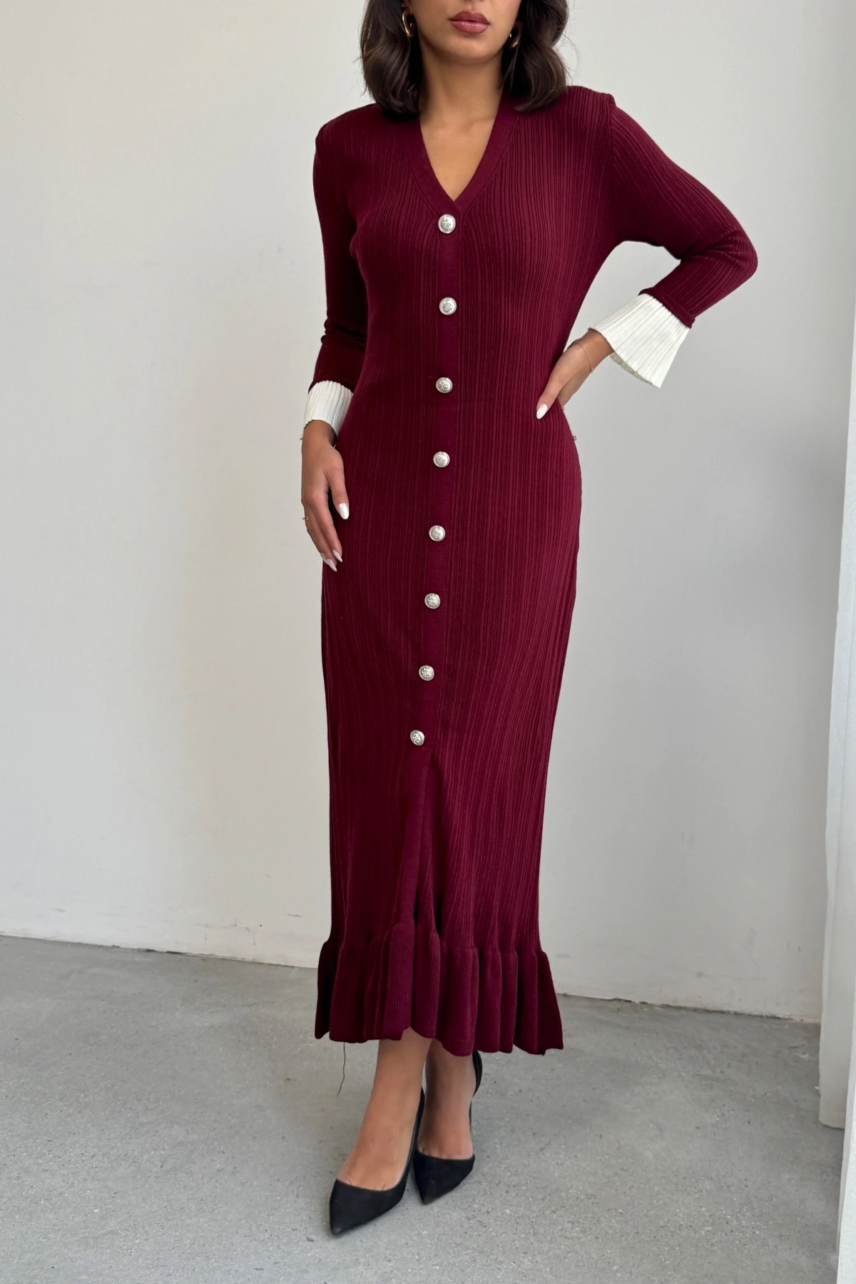 Kadın Bordo Şık Bilek Boy Kol Boydan Düğmeli Uzun Triko Elbise