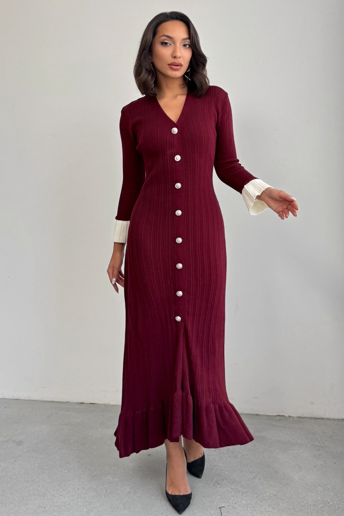 Kadın Bordo Şık Bilek Boy Kol Boydan Düğmeli Uzun Triko Elbise