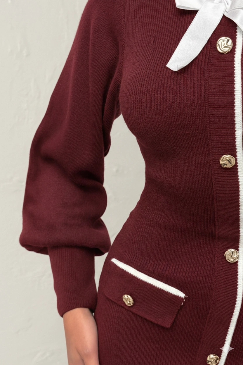 Kadın Bordo Şık Fiyonk Detaylı Balon Kol Triko Elbise