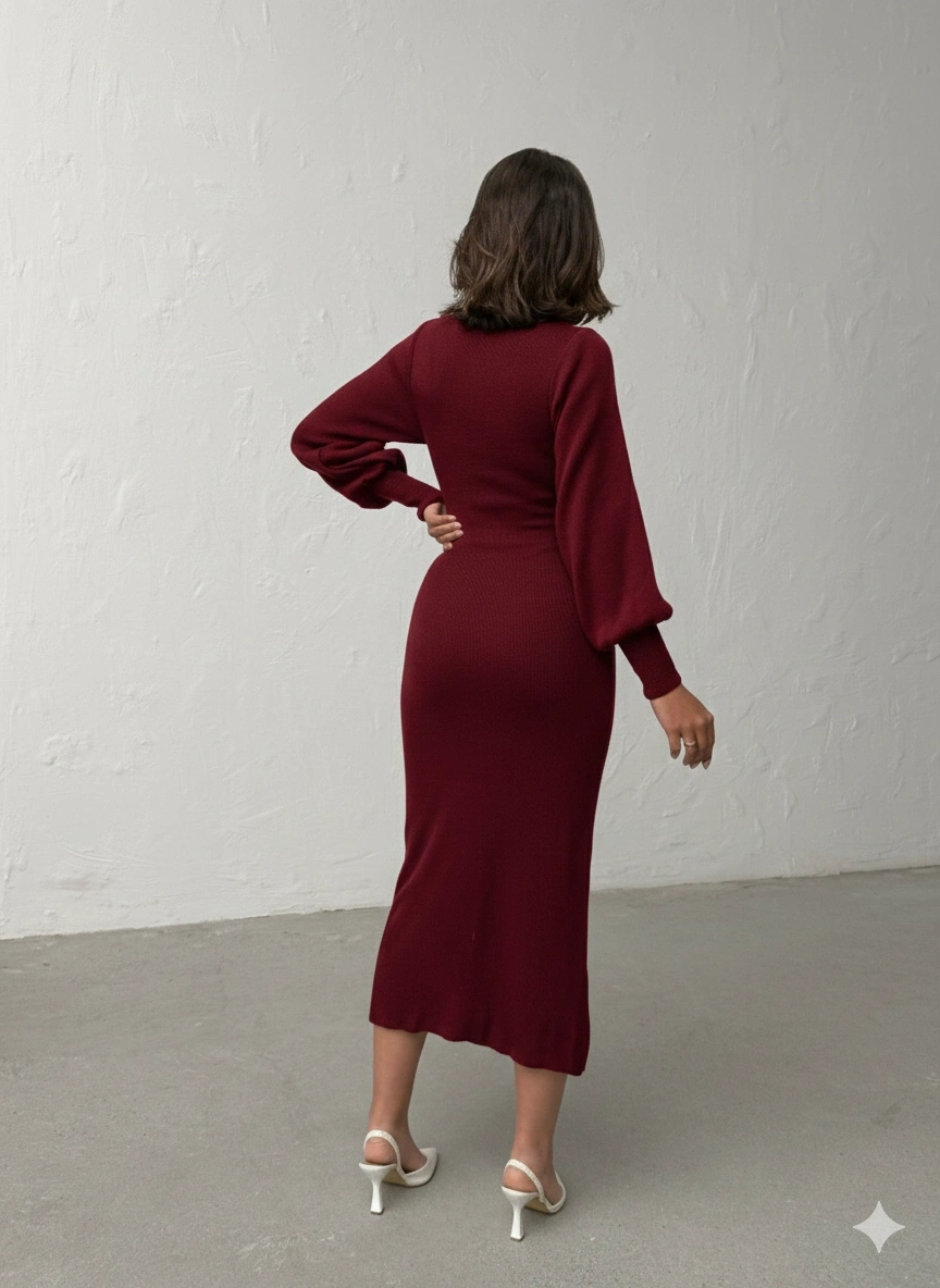 Kadın Bordo Şık Fiyonk Detaylı Balon Kol Triko Elbise