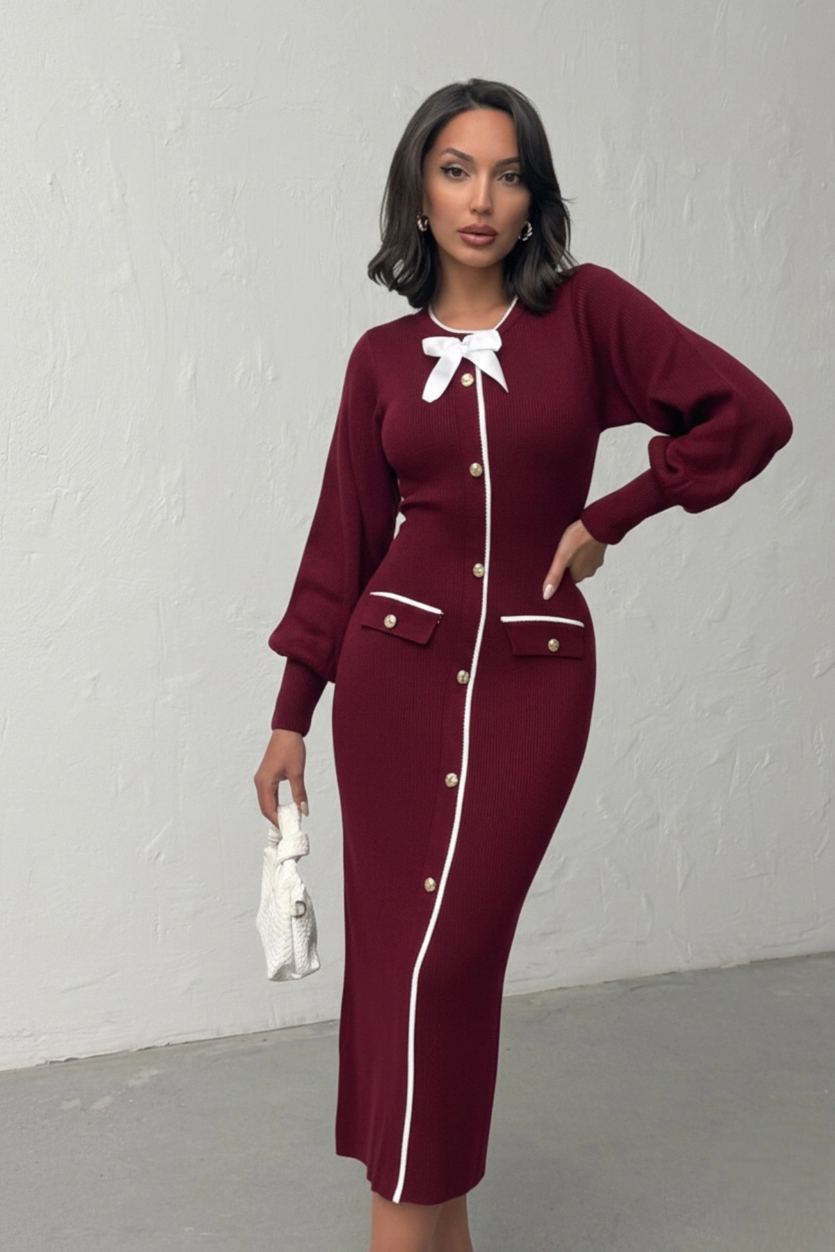 Kadın Bordo Şık Fiyonk Detaylı Balon Kol Triko Elbise