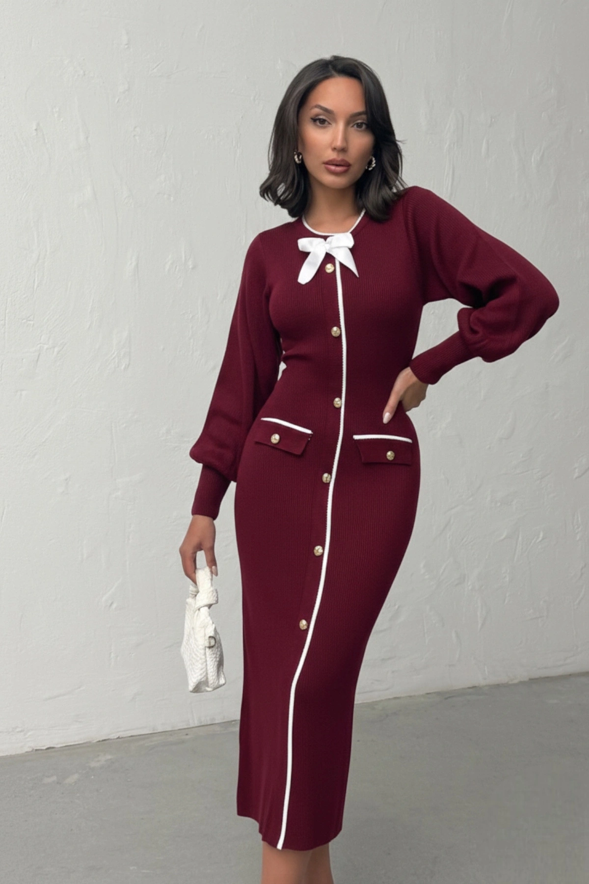 Kadın Bordo Şık Fiyonk Detaylı Balon Kol Triko Elbise